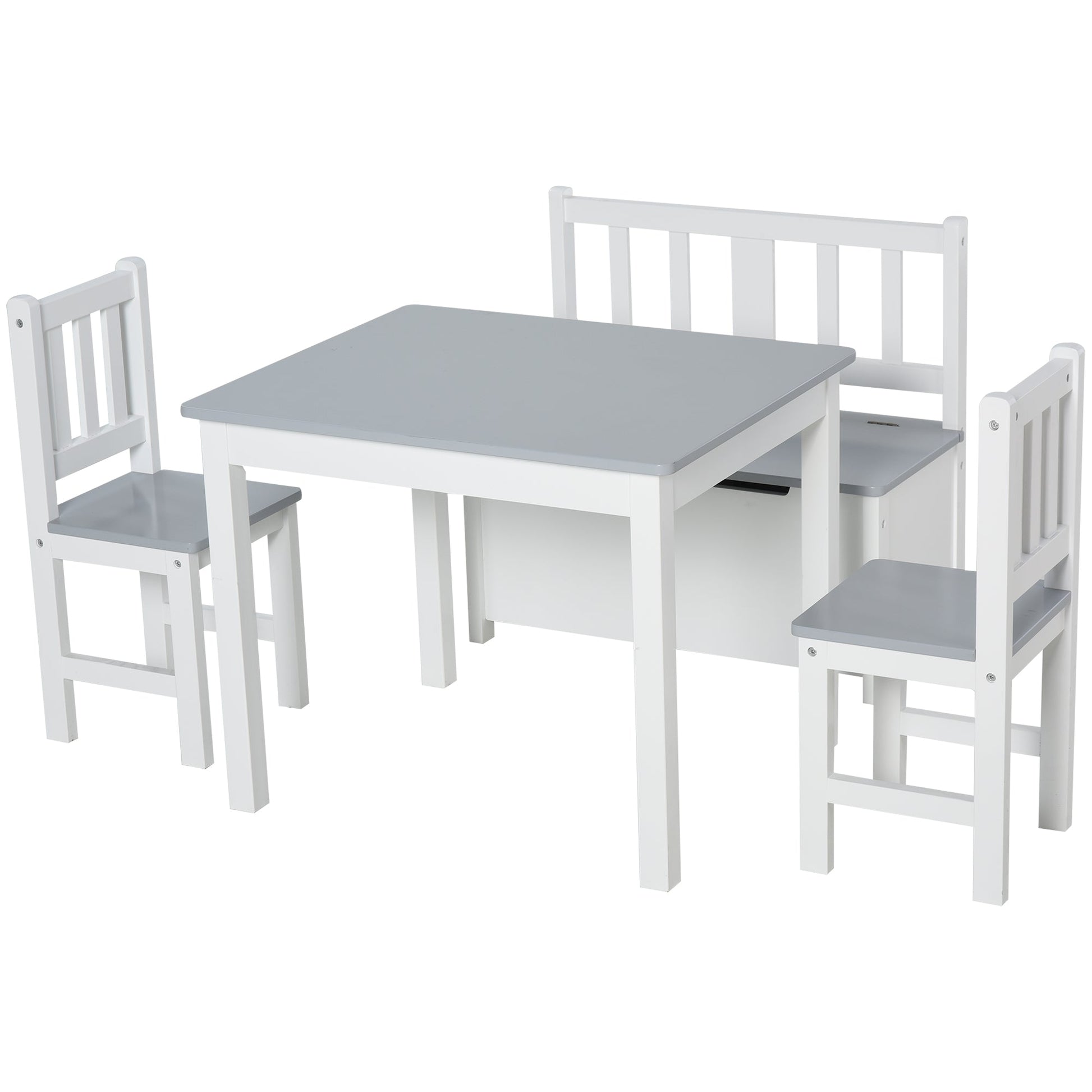 4-Piece Set Kids Wood Table Chair Bench with Storage Function Gift for Toddlers Kids Table Sets Grey & White  at Gallery Canada