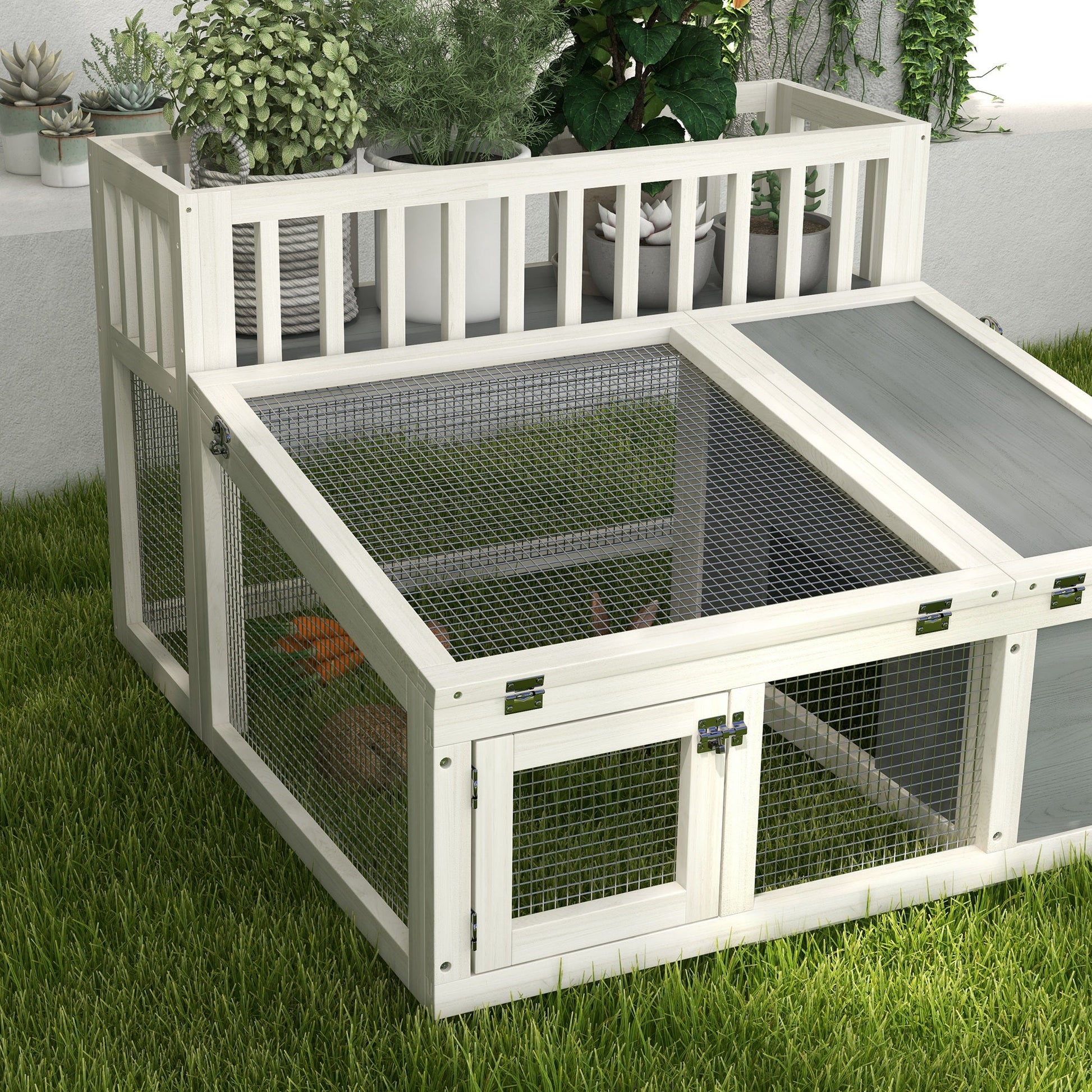 Rabbit Cage Outdoor Indoor Guinea Pig Cage with Run, Openable Tops, for 1-2 Rabbits, 37" x 35" W x 24", Grey Rabbit Hutch   at Gallery Canada