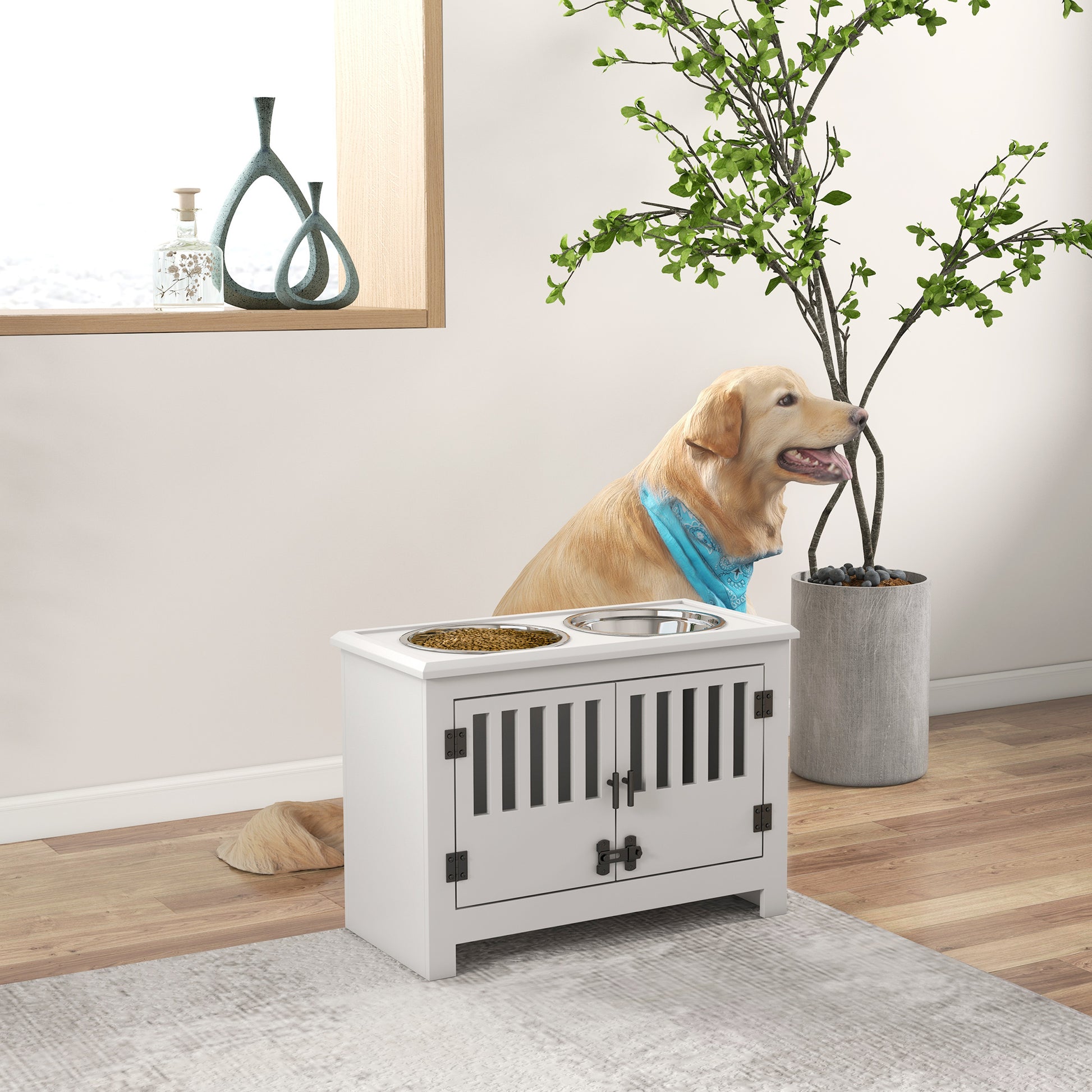 Raised Dog Bowls with 2 Stainless Bowls, Storage, for XL Dogs, White Dog Bowls White  at Gallery Canada