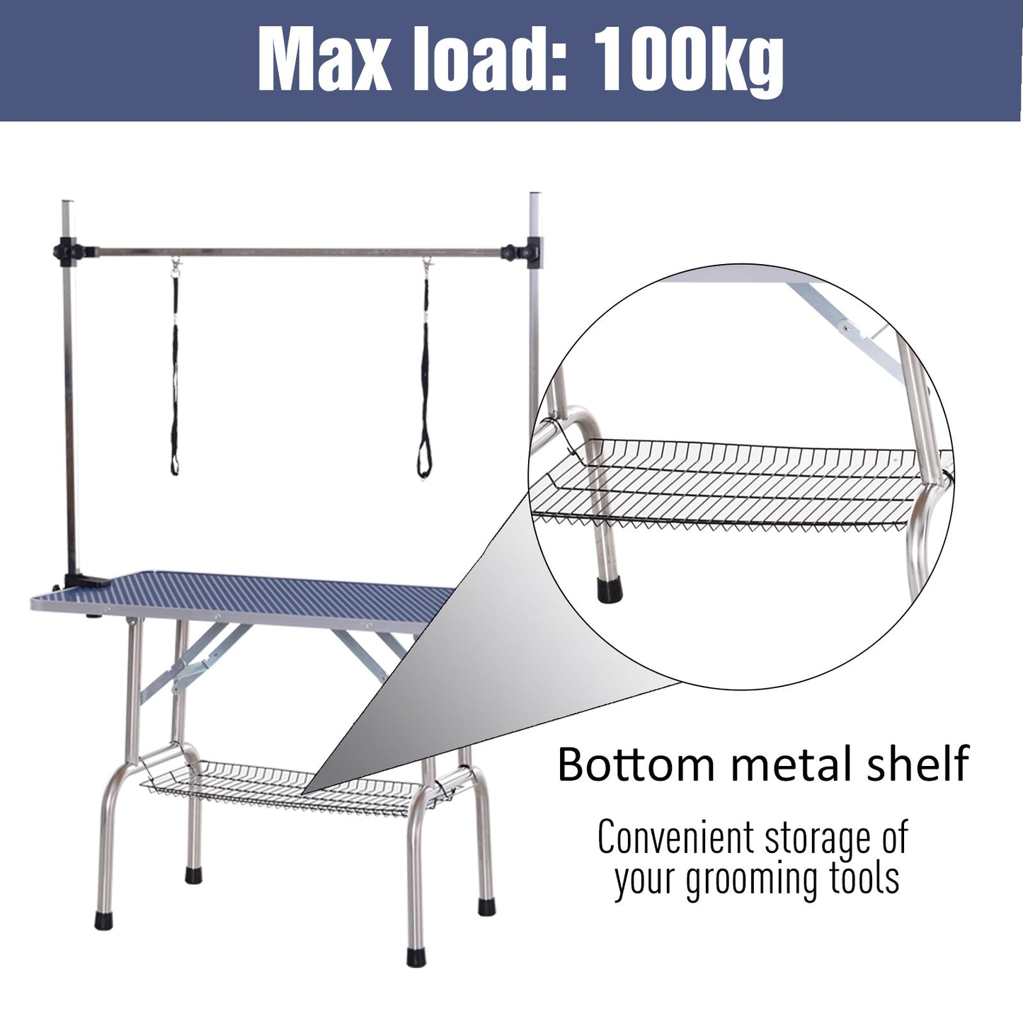 Adjustable Dog Grooming Table Rubber Top 2 Safety Slings Mesh Storage Basket Heavy Metal Blue 42.25"x 23.5" x 67" Dog Grooming Tables   at Gallery Canada