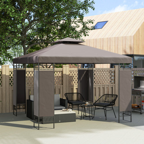 10 x 10 FT Canopy Gazebo, Double Roof Patio Gazebo with Screen Panels and Metal Frame for Deck, Backyard, Khaki
