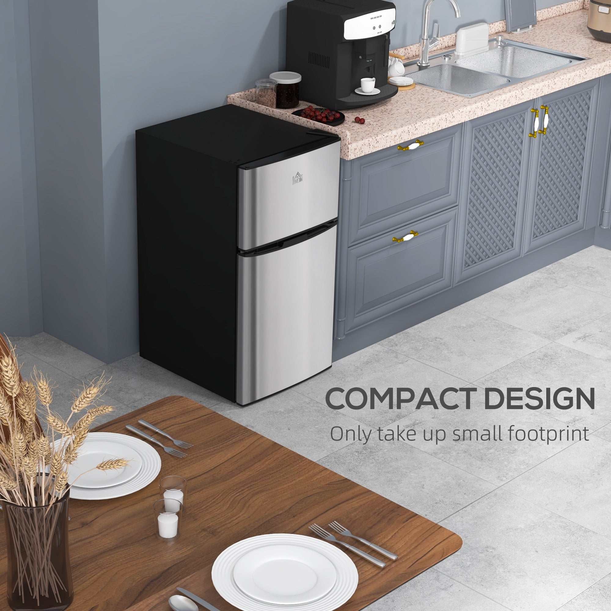 3.2 Cu Ft Compact Refrigerator, Mini Fridge with Freezer, Adjustable Shelves and Reversible Doors for Bedroom, Silver Small Kitchen Appliances at Gallery Canada