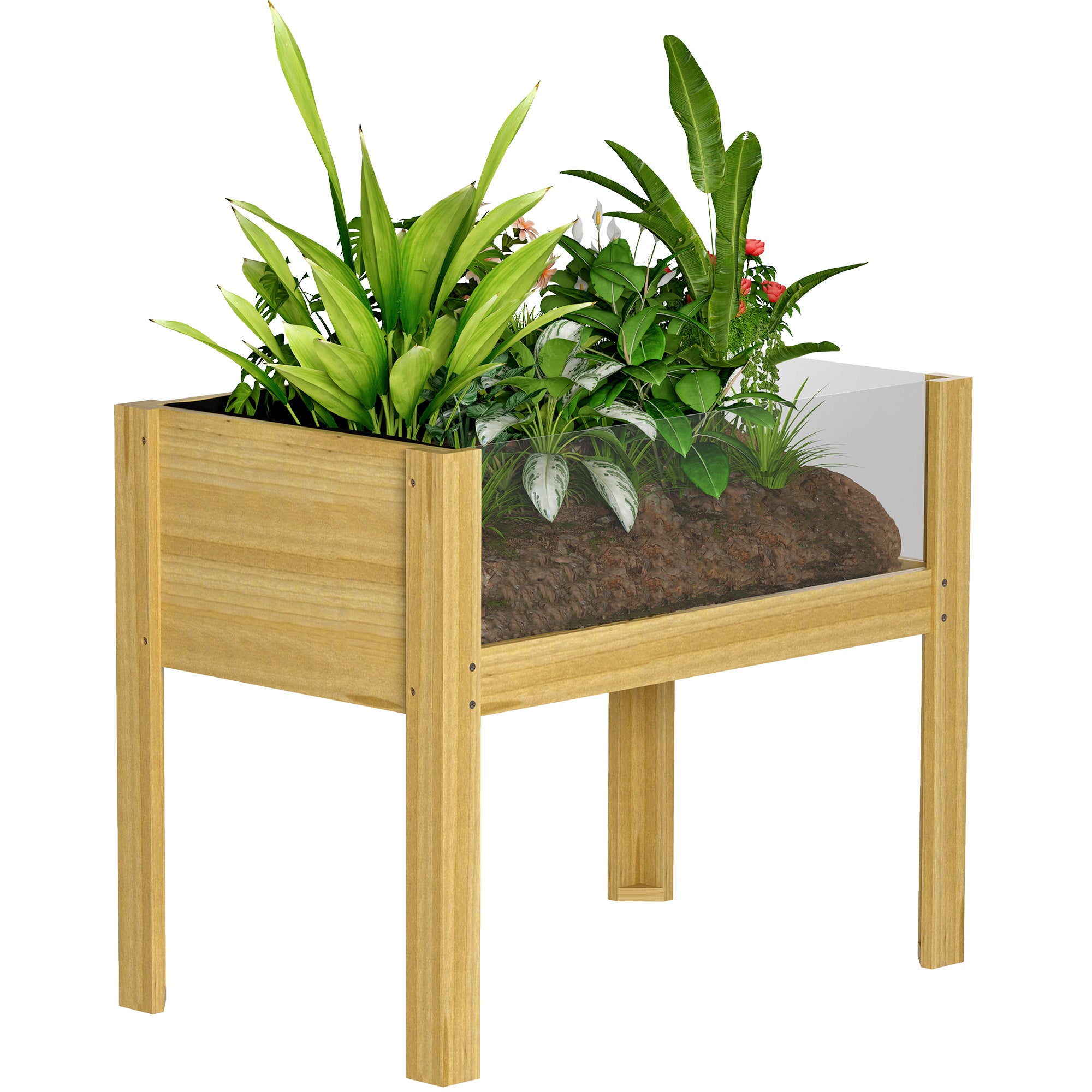 Wooden Raised Garden Bed with Acrylic Panels, Raised Planter Box with Drainage Holes, 29.5