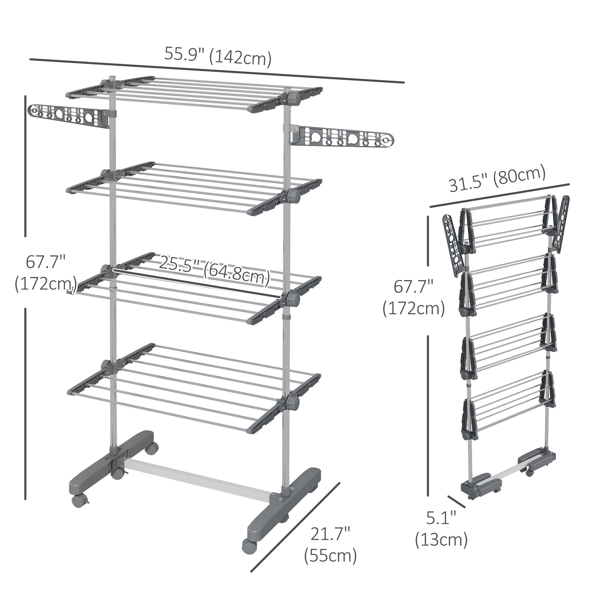 Garment Drying Rack Stainless Steel Folding Clothes Hanging Rack with Side Wings Castors for Indoor Outdoor Grey Bath Accessories at Gallery Canada