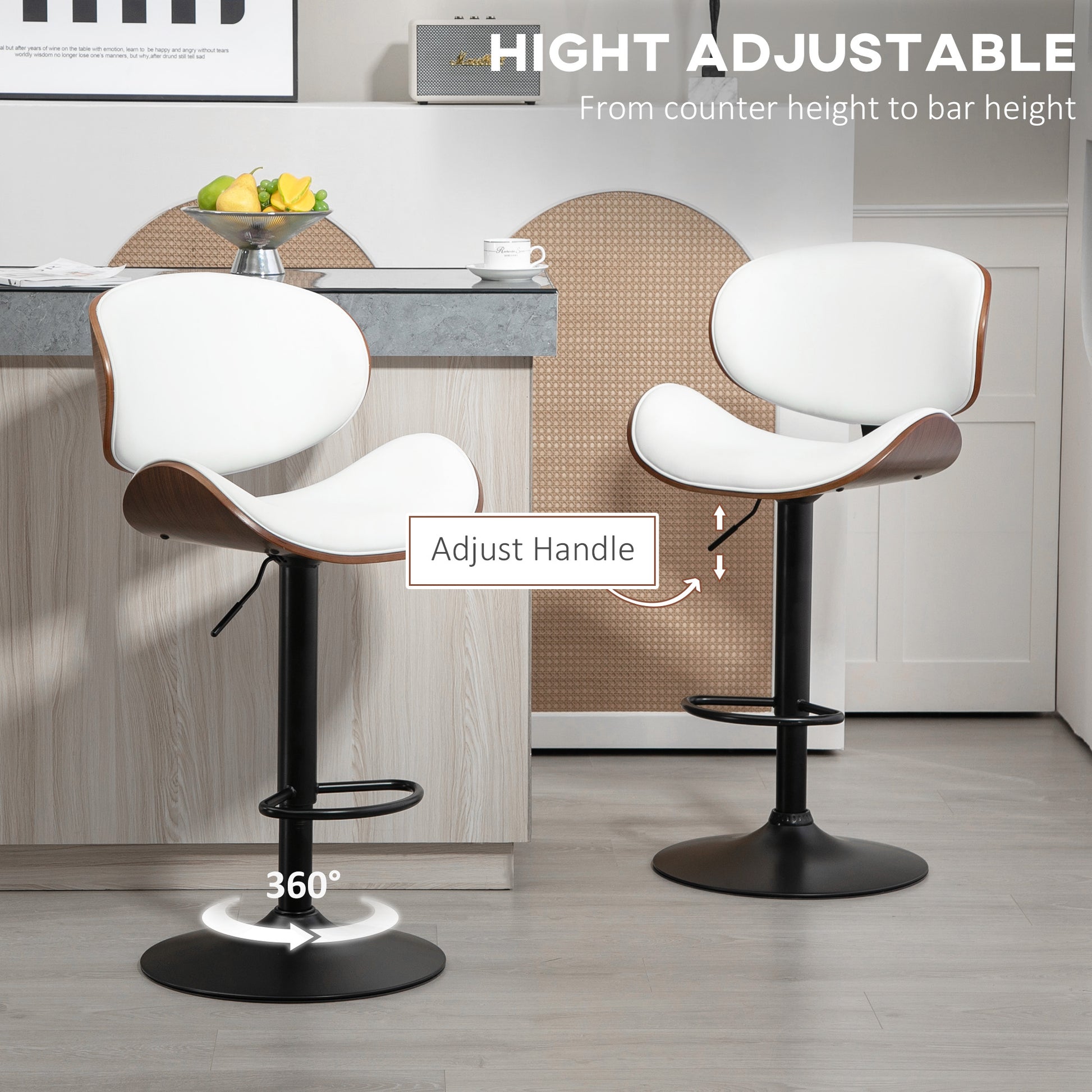 Bar Stools Set of 2, Modern PU Leather Adjustable Swivel Barstools with Curved Back, Footrest and Steel Base, White Bar Stools   at Gallery Canada