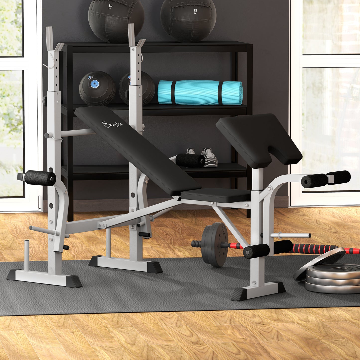 Bench Press Set Adjustable Weight Bench with Squat Rack, Preacher Curl Pad, Leg Developer and Weight Storage, Grey Weight Benches   at Gallery Canada