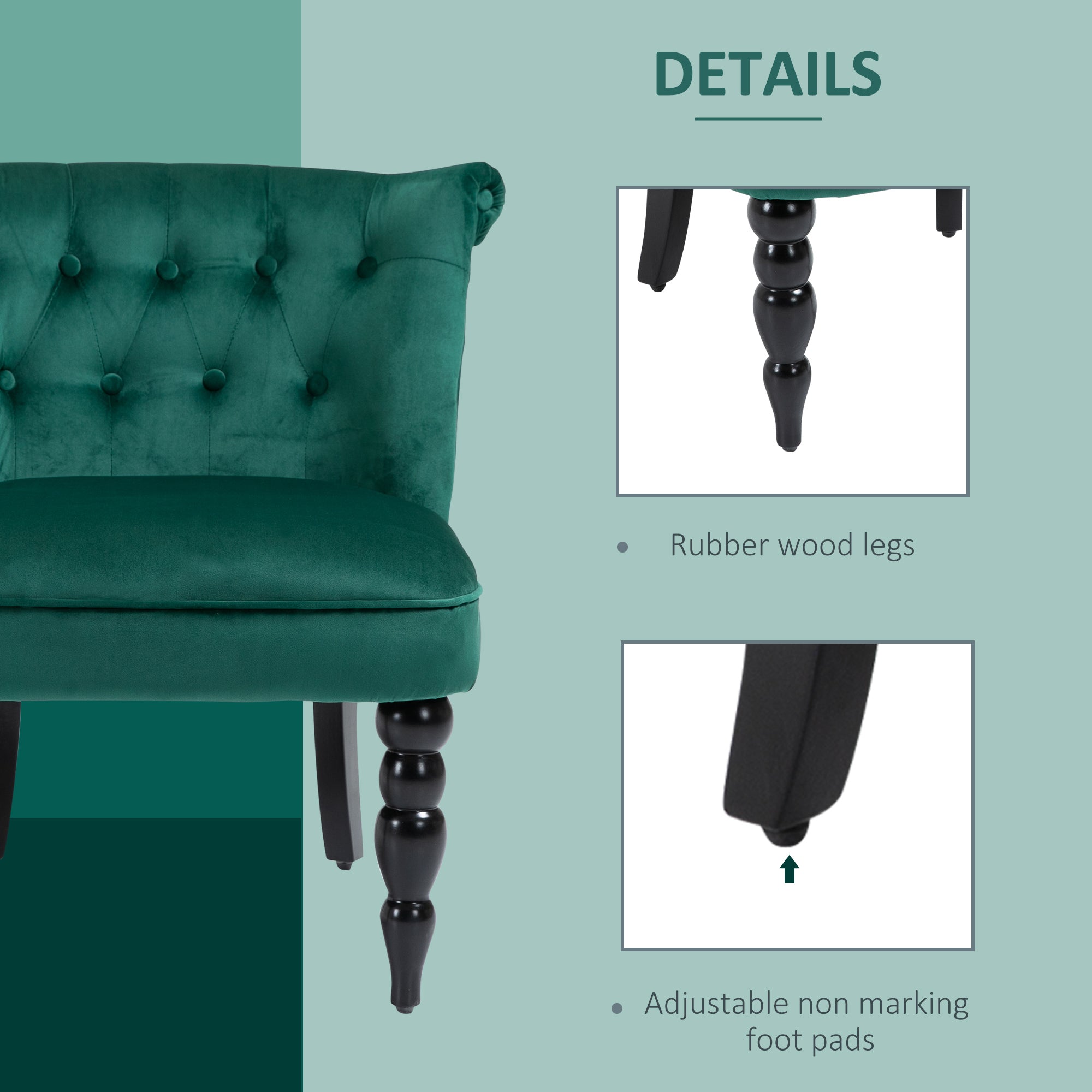 Vintage Leisure Accent Chair with Button Tufted Straight Back, Turned Legs, Thick Sponge Padding for Living Room, Dining Room, Study, Dark Green Accent Chairs   at Gallery Canada