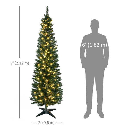 7' Pre Lit Artificial Pencil Christmas Trees, Xmas Tree with Realistic Branches and Warm White LED Lights, Green