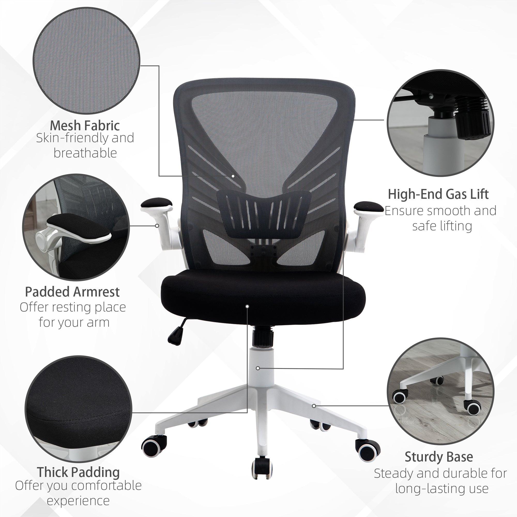 Mesh Office Chair Swivel Task Desk Chair with Lumbar Back Support, Flip-Up Arm, Adjustable Height, Grey Black Task Chairs   at Gallery Canada