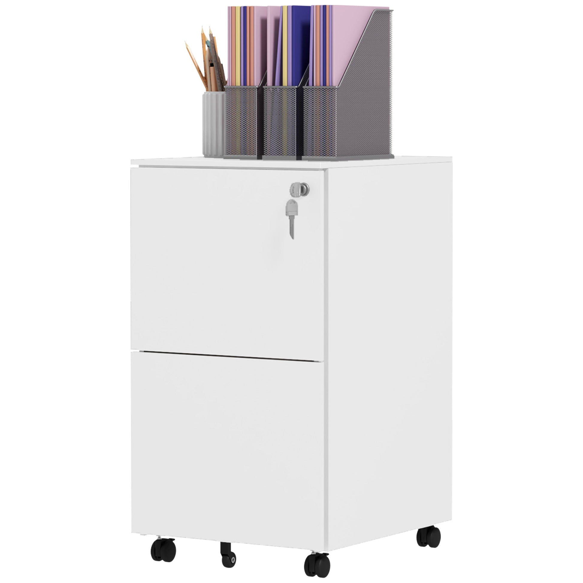 Vertical Steel Filing Cabinet on Wheels, 2-Drawer Lockable File Cabinet with Adjustable Hanging Bar for A4, Legal and Letter Size, White Office Cabinets & Cupboards White  at Gallery Canada