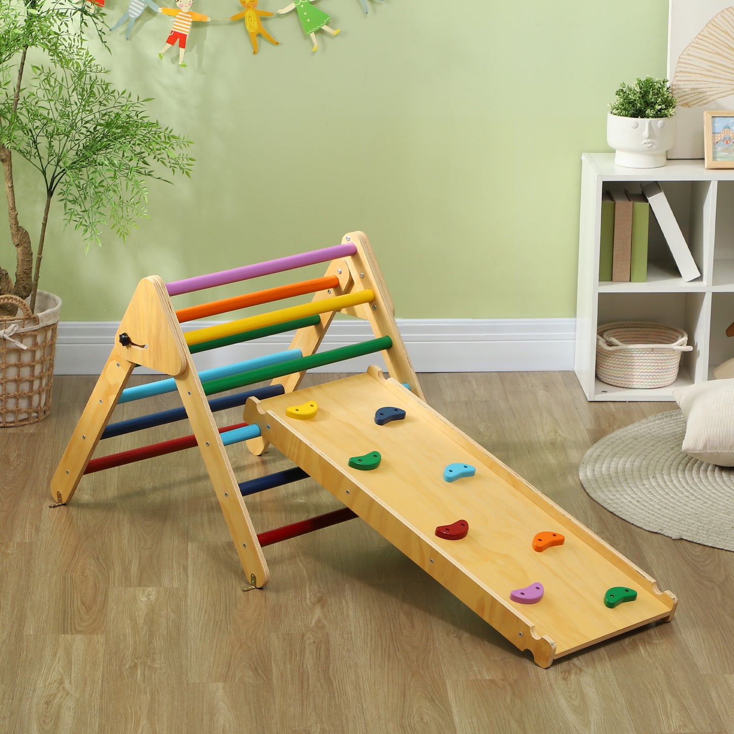 Pikler Triangle Set, 2 in 1 Climbing Toys with Ramp for Toddlers, Nature Wood Baby Gym & Playmats   at Gallery Canada