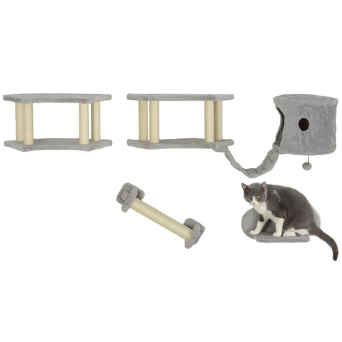 4 Piece Cat Wall Shelves with Scratching Post, Ladder, Condo, Jumping Platforms, Light Grey