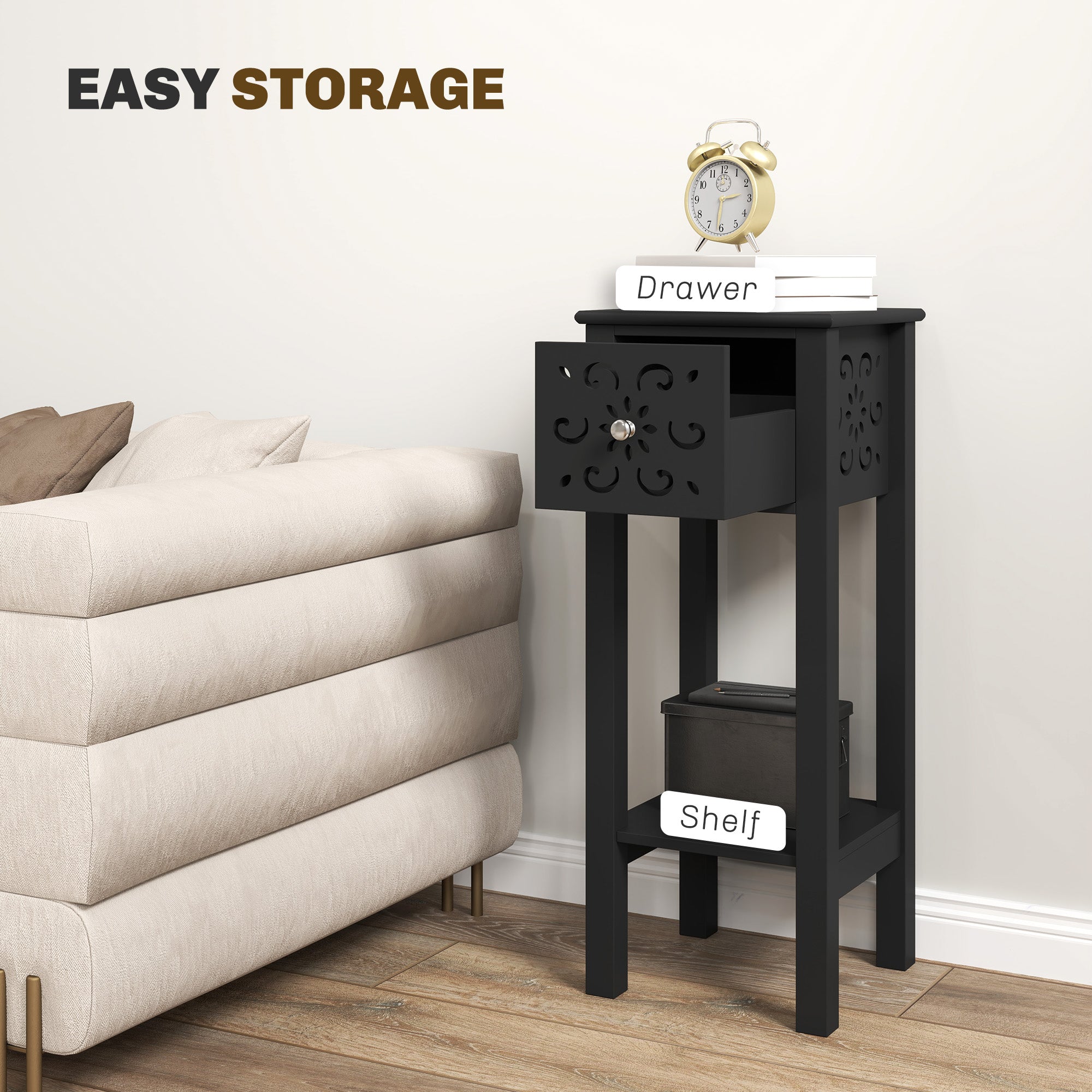 Nightstand Set of 2 with Drawer and Open Storage Shelf Black Side Tables at Gallery Canada