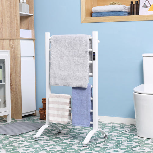 8-Bar Bathroom Heated Towel Rail with Built-in Timer and Led Indicators, Wall Mounted &; Free Standing Carbon Steel Electric Towel Warmer Towel Drying Rack, Plug-in, White