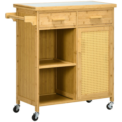 Bamboo Kitchen Island on Wheels, Rolling Kitchen Cart with Tempered Glass Top, 2 Drawers, Towel Racks, Open Compartments, Rattan Door Cabinet, Natural Kitchen Islands & Kitchen Carts Bamboo Colour  at Gallery Canada