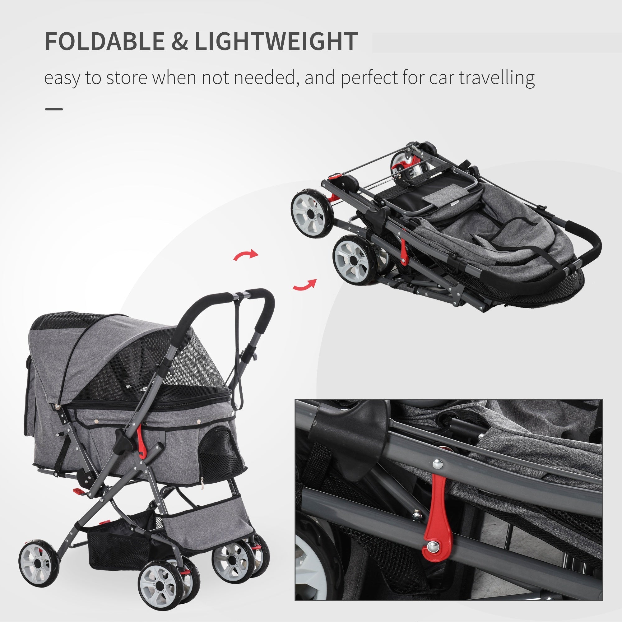 4 Wheels Pet Stroller w/ Reversible Handle, Foldable Dog Cat Travel Carriage w/ EVA Wheels Basket Storage Bag 3-stage Canopy Grey Dog Bike Trailers & Strollers   at Gallery Canada