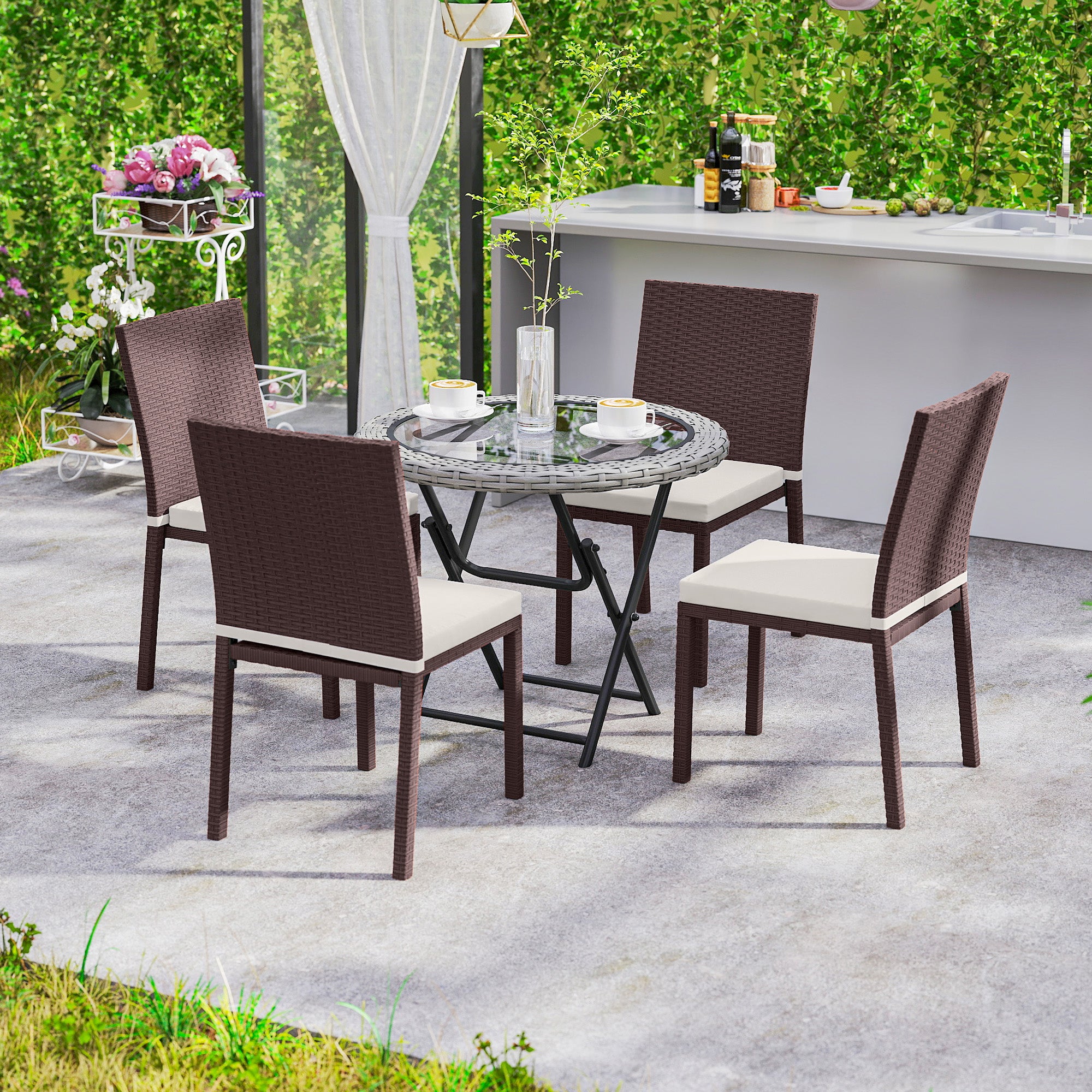 Patio Dining Chairs Set of 4, All Weather Wicker Armless Outdoor Chairs with Steel Frame for Garden, Backyard, Beige Patio Chairs at Gallery Canada