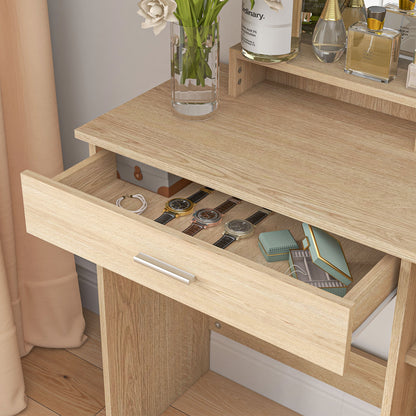 Dressing Table, Vanity Table with Mirror, Drawer and Storage Shelves for Bedroom, 35.4" x 15" x 54.3", Maple Wood Dressing & Vanity Tables   at Gallery Canada