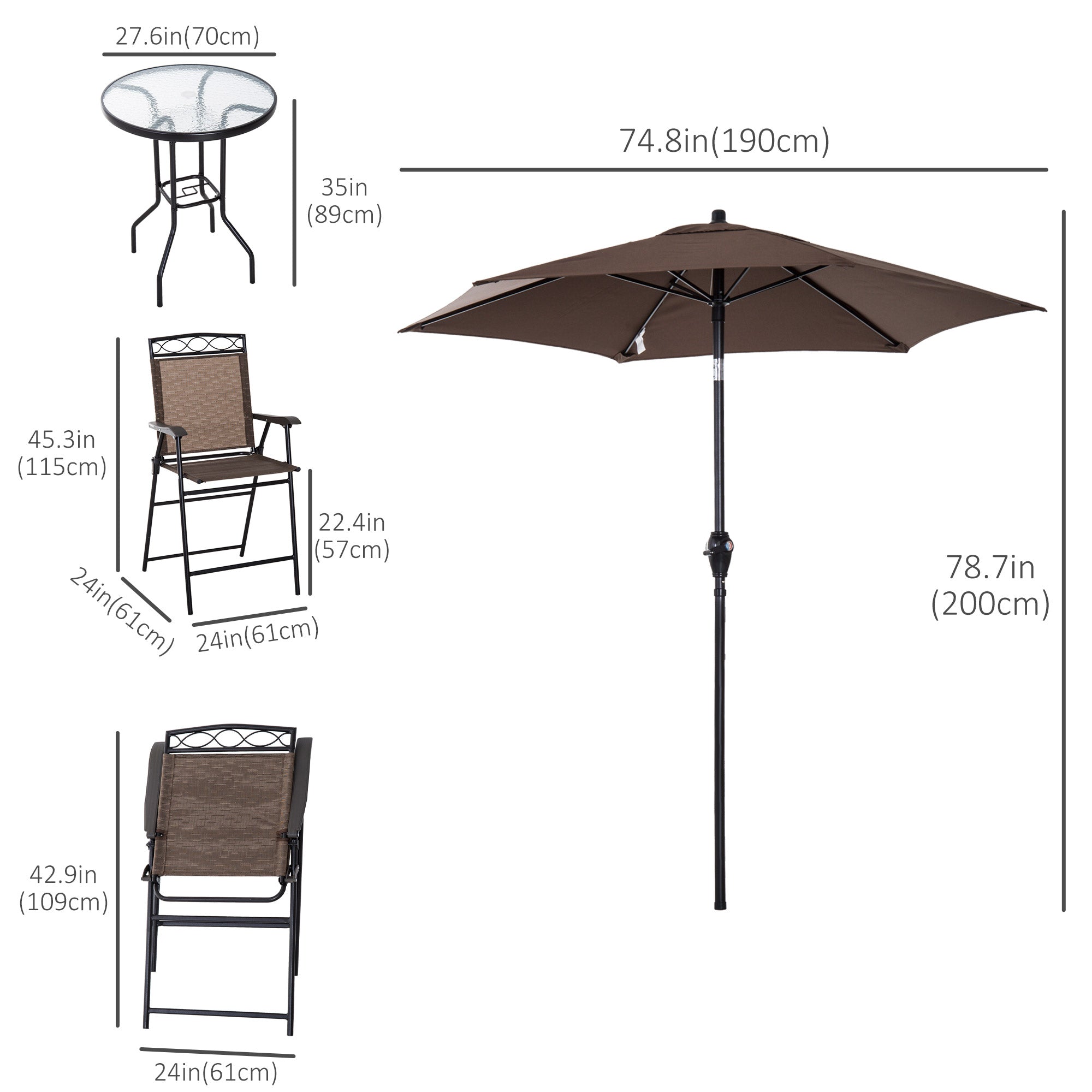 4 Piece Patio Bar Set, Sling Folding Outdoor Furniture with Umbrella for Poolside, Backyard and Garden, Brown Bistro Sets at Gallery Canada