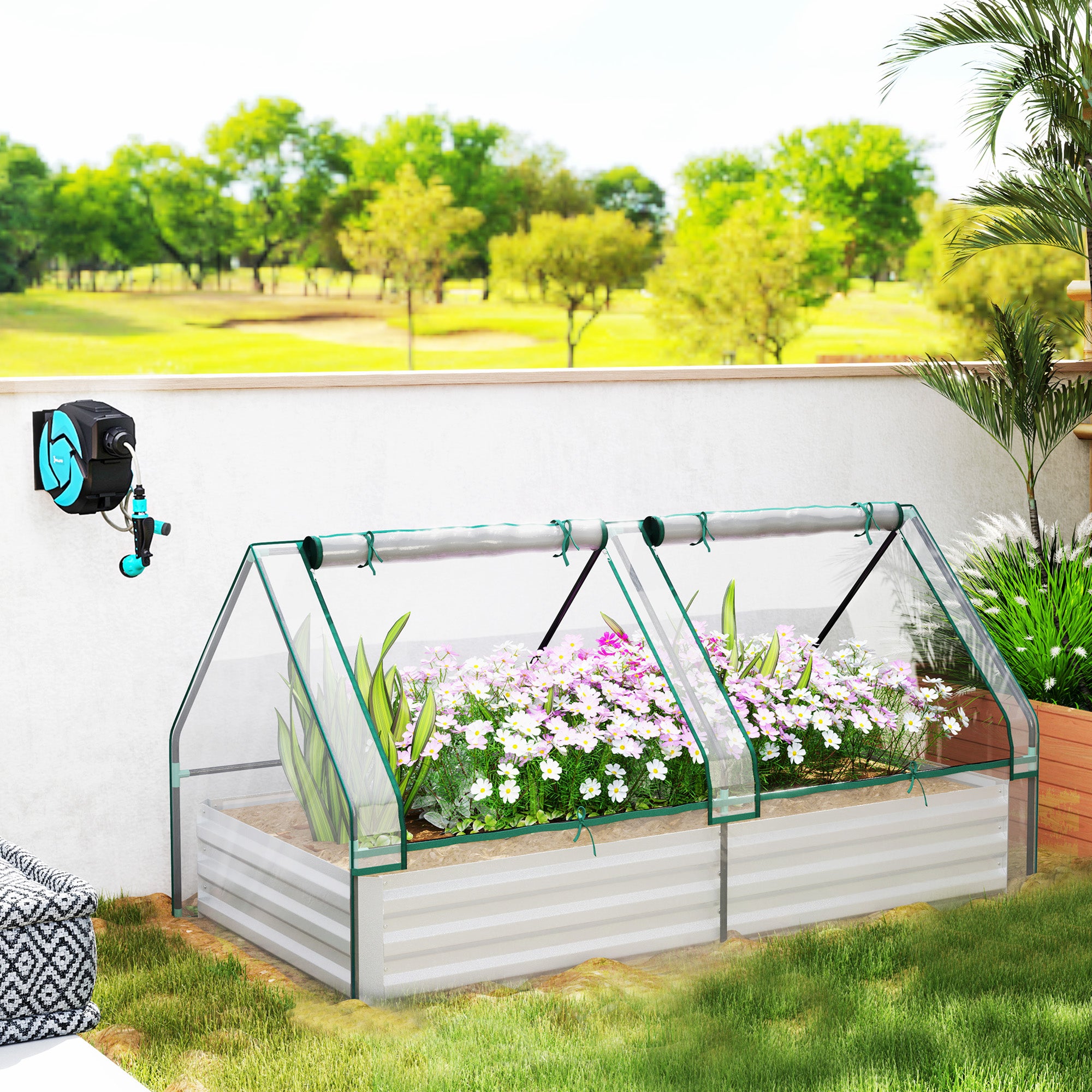 6' x 3' Metal Planter Box with Cover, Raised Garden Bed with Mini Greenhouse for Herbs, Vegetables, Clear and Silver Raised Garden Beds at Gallery Canada