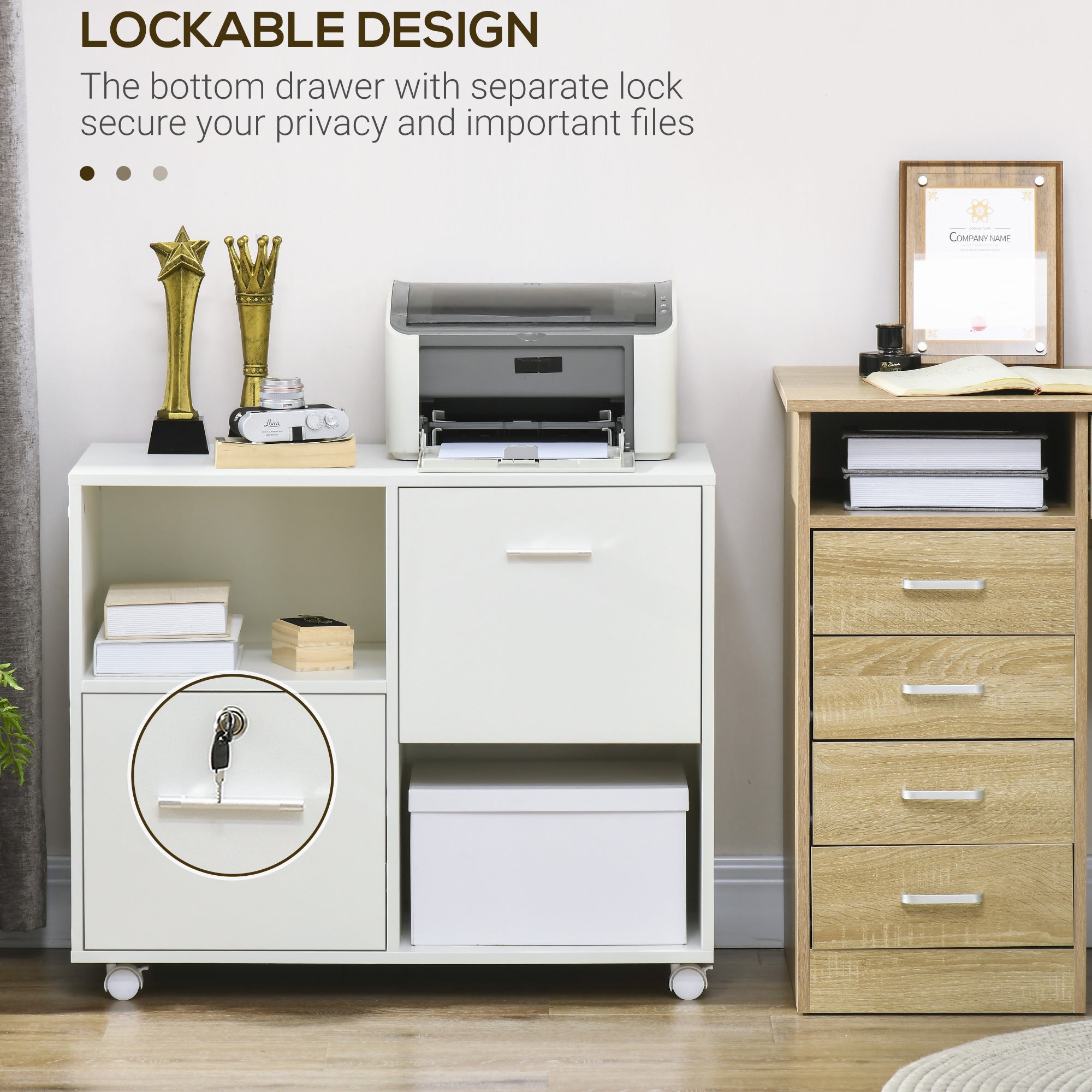 Lateral Filing Cabinet with Drawers and Lock, File Cabinet, Mobile Printer Stand with Open Shelves and Wheels for Letter and A4 Size Documents, White Office Cabinets & Cupboards at Gallery Canada