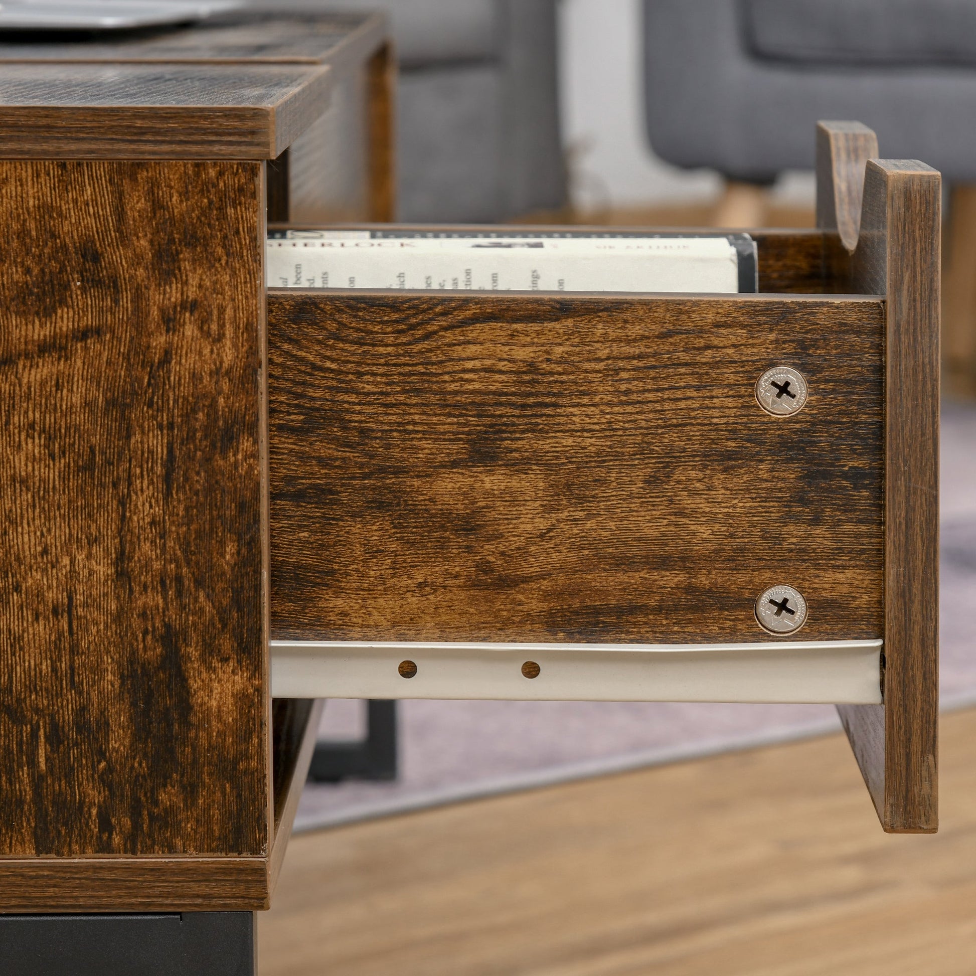 Lift Top Coffee Table with Hidden Storage, Side Drawer, Metal Frame, Tigerwood Coffee Tables   at Gallery Canada