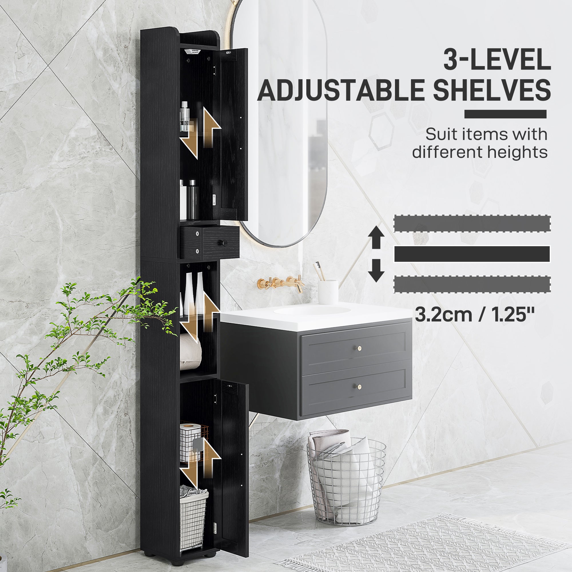 Narrow Bathroom Cabinet, Tall Bathroom Storage Cabinet with Barn Doors, Drawer and Adjustable Shelves, Black Wood Grain Bathroom Cabinets at Gallery Canada