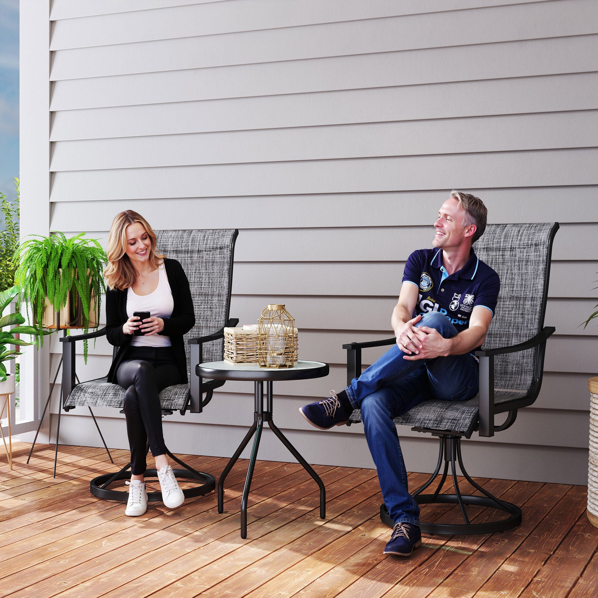 2 Pieces Rocking Swivel Patio Chairs, Mesh Outdoor Swivel Dining Chairs with High Back and Curved Armrests, Mixed Grey Bistro Sets at Gallery Canada