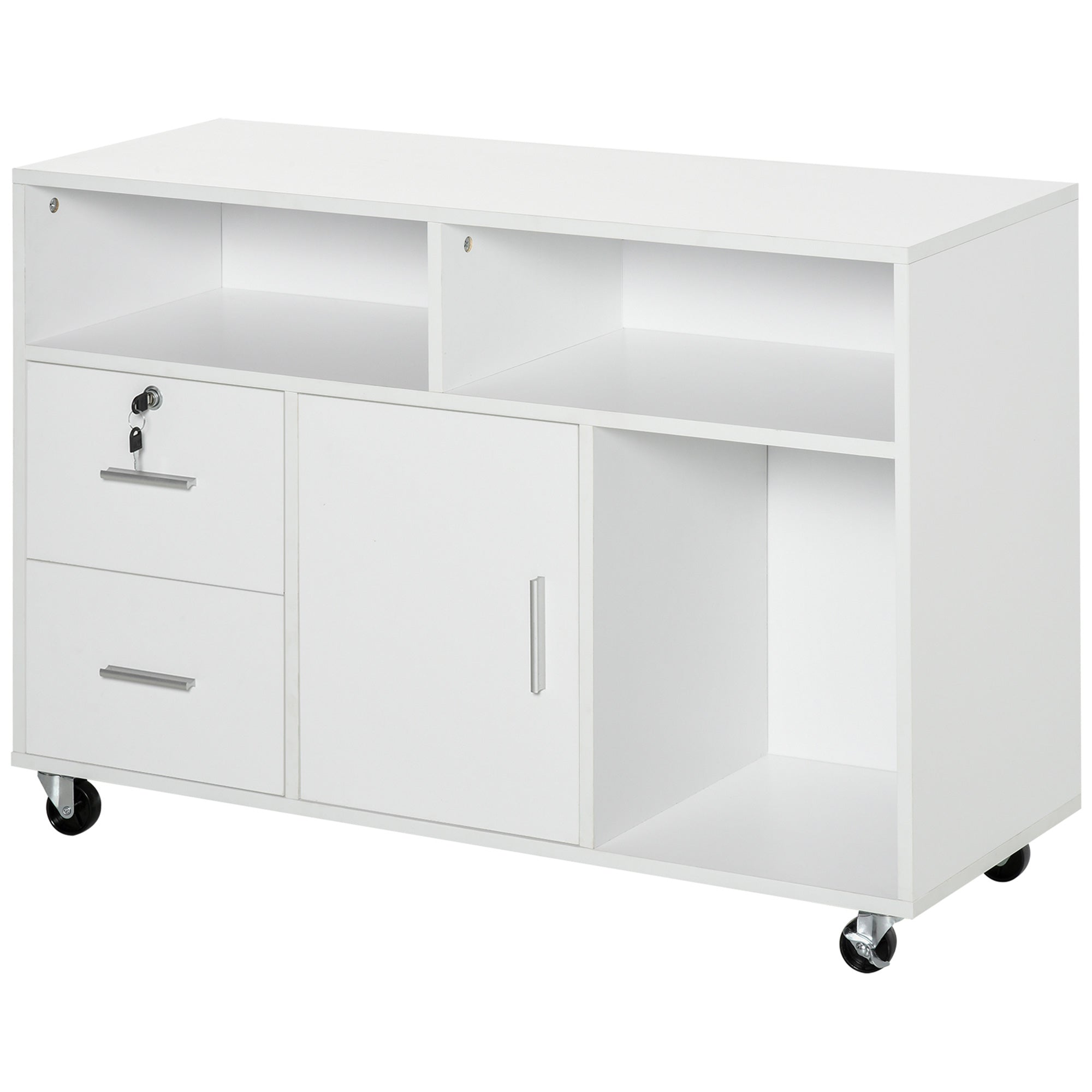 Lateral Filing Cabinet with Open Storage Shelf, Printer Stand Home Office Mobile File Cabinet with Wheels, Lockable Drawer, White Office Cabinets & Cupboards at Gallery Canada