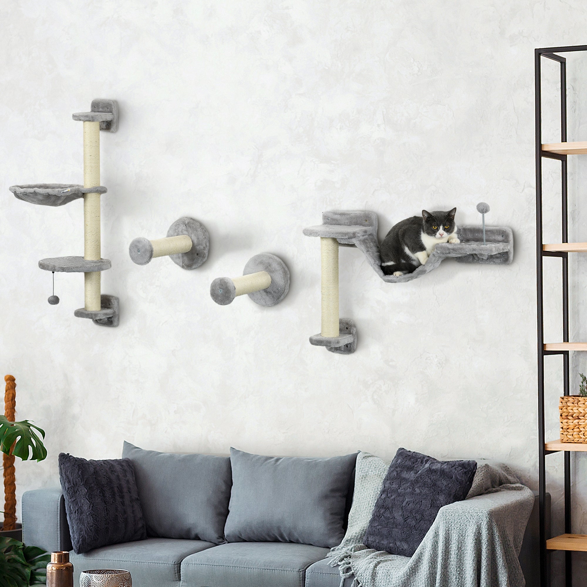 4PCs Cat Wall Shelves with Hammock, Scratching Post, Ladder, Steps, Platforms, Toy Balls, Grey Cat Climbing Wall   at Gallery Canada