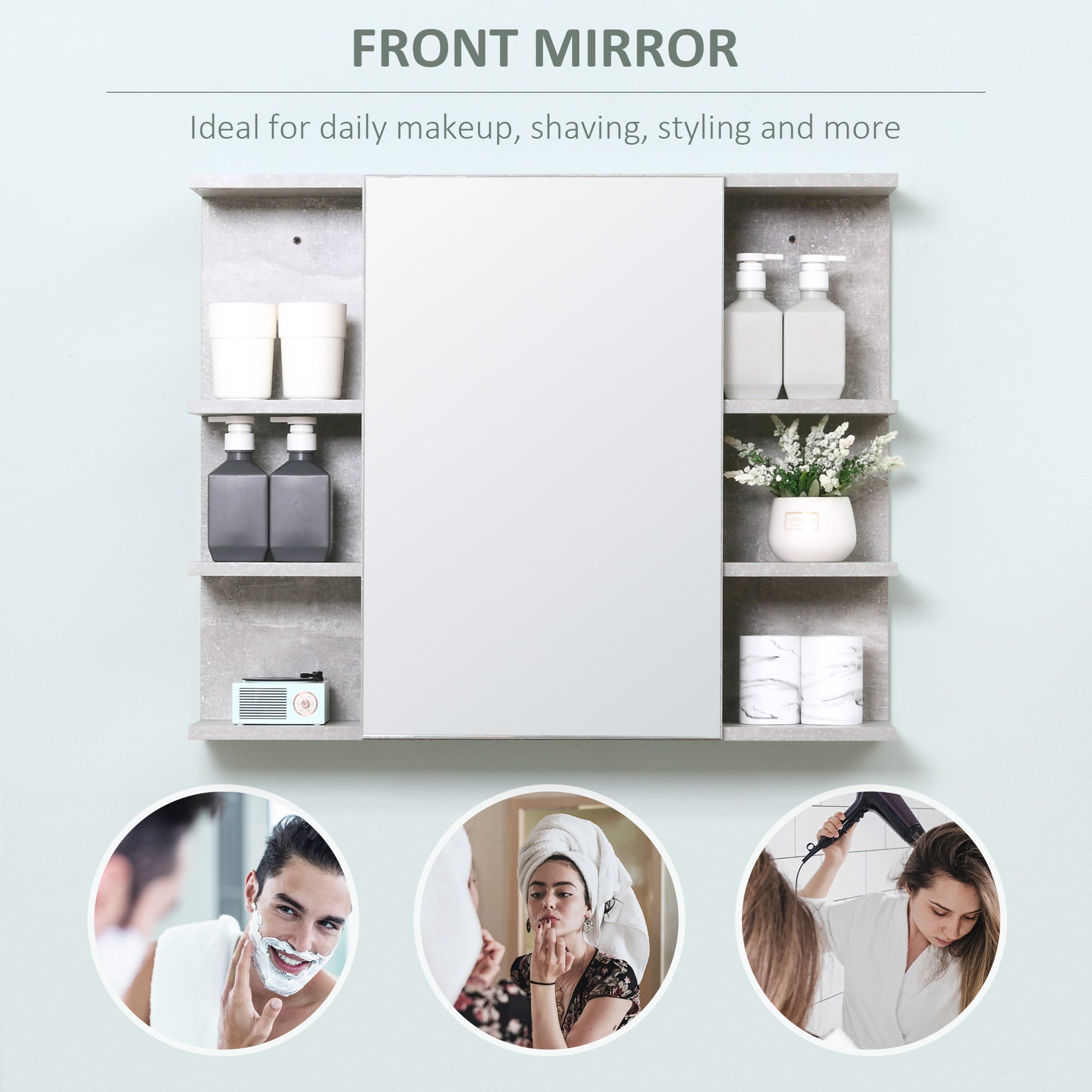 Medicine Cabinet with Mirror, Cement-Like Contemporary Bathroom Wall Cabinet with 6 Open Shelves, Grey Mirror Medicine Cabinets at Gallery Canada
