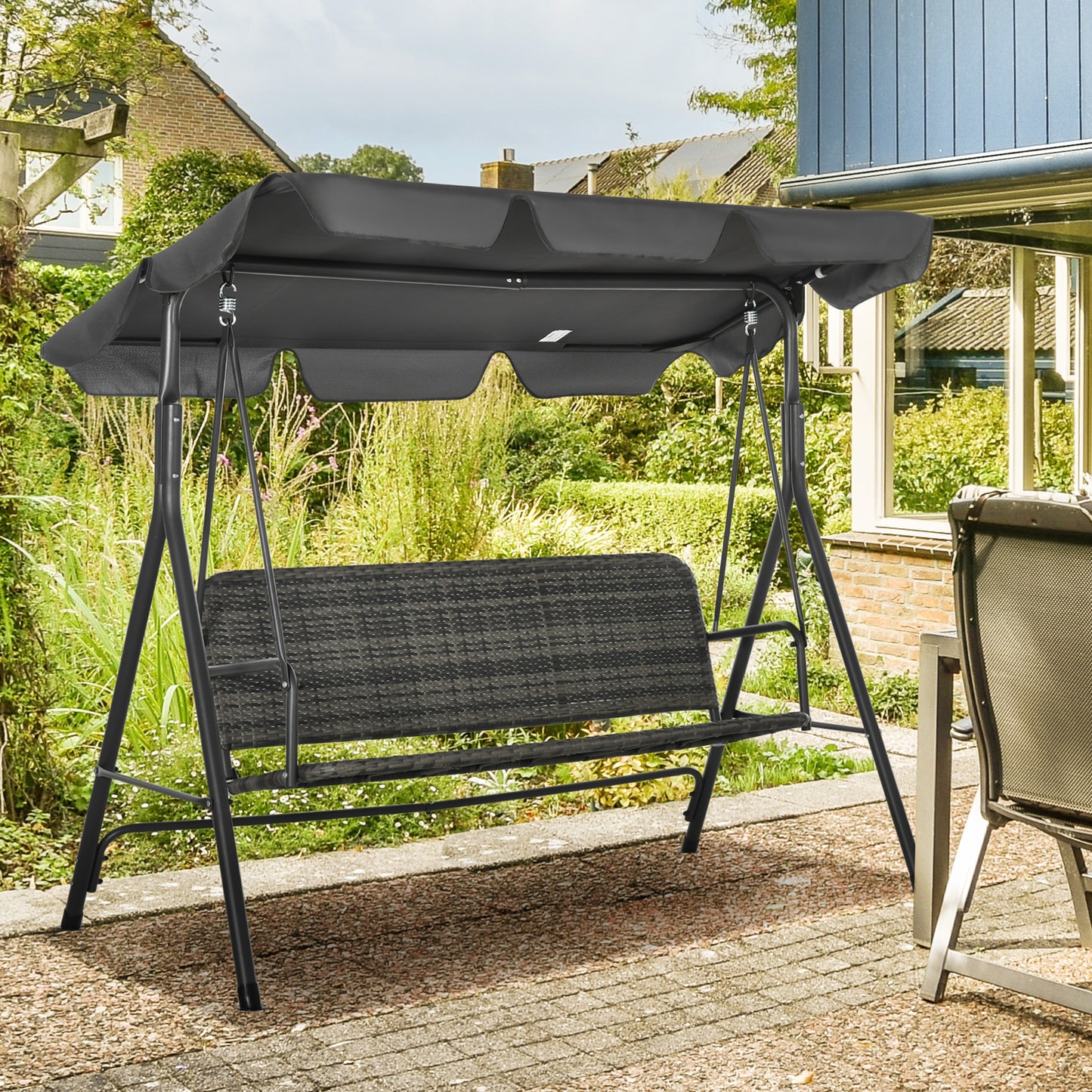 3 Seater Rattan Outdoor Patio Swing with Adjustable Canopy and Stand for Garden Porck Backyard, Grey Patio Swings with Stand at Gallery Canada