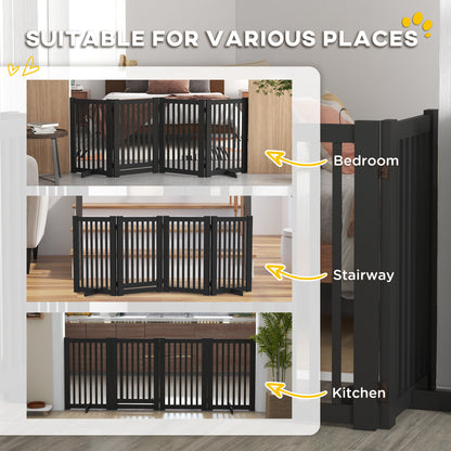 4 Panel Free Standing Wooden Pet Gate with Open Door Black Houses, Kennels & Pens   at Gallery Canada