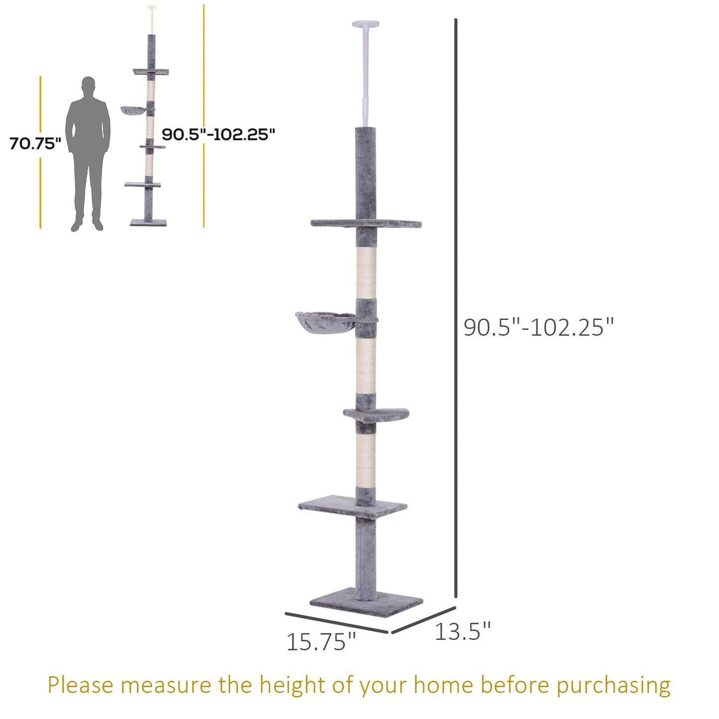 8.5ft Cat Climbing Tree 5-Tier Cat Activity Center Floor-to-Ceiling Cat Climber Toy with Scratching Post Play Rest Post Pet Furniture Grey Floor to Ceiling Cat Trees   at Gallery Canada