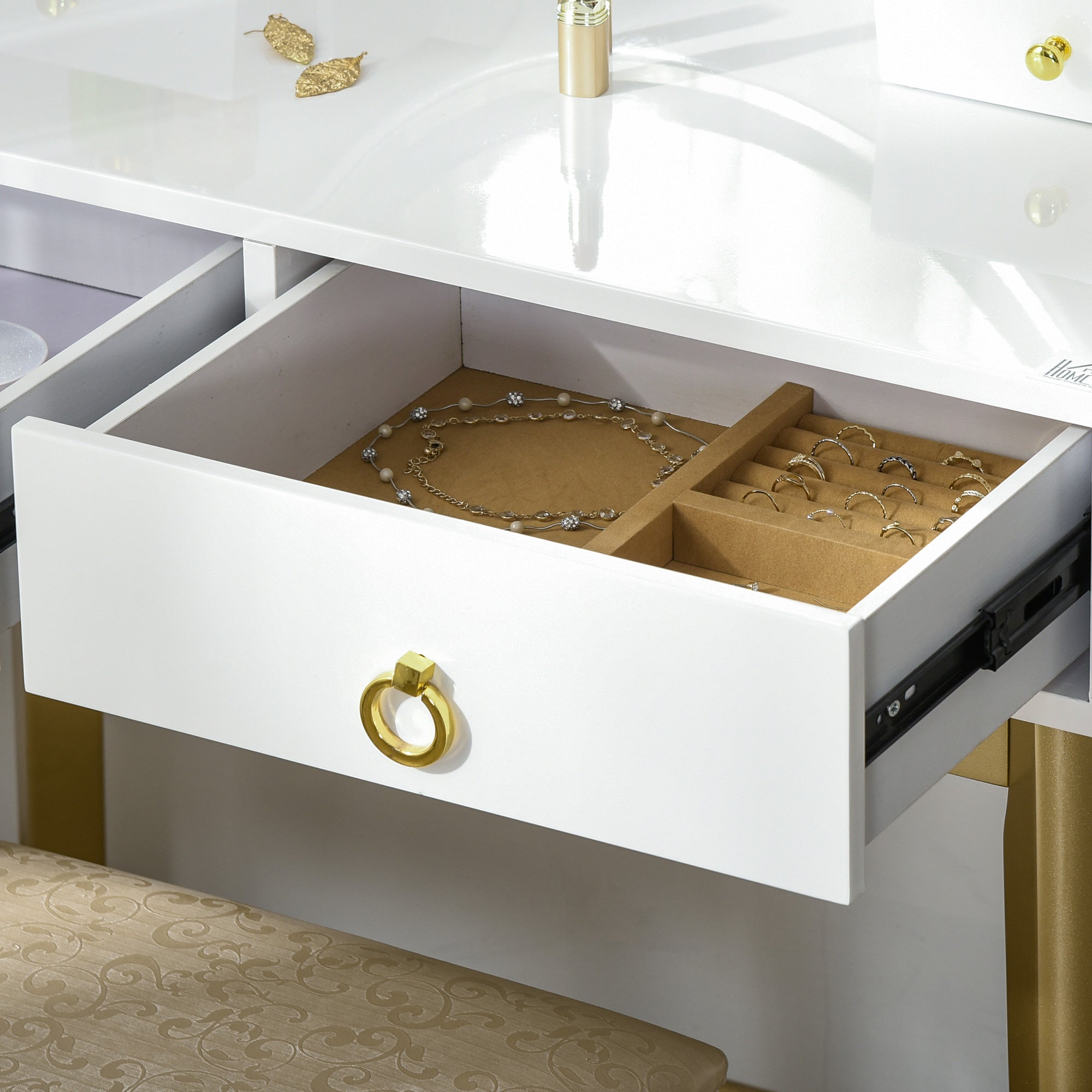 Makeup Vanity Table Set with Round Mirror, Built-in 3 Color LED Light, Dressing Desk with 4 Drawers and Cushioned Stool for Bedroom, White Dressing & Vanity Tables at Gallery Canada