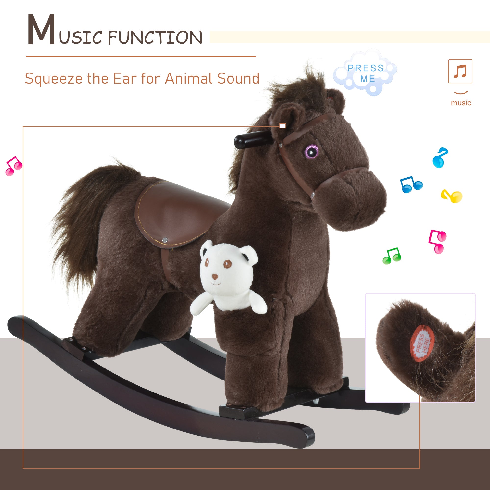 Kids Plush Ride-On Rocking Horse with Bear Toy, Children Chair with Soft Plush Toy &; Fun Realistic Sounds, Brown Rocking Horses at Gallery Canada