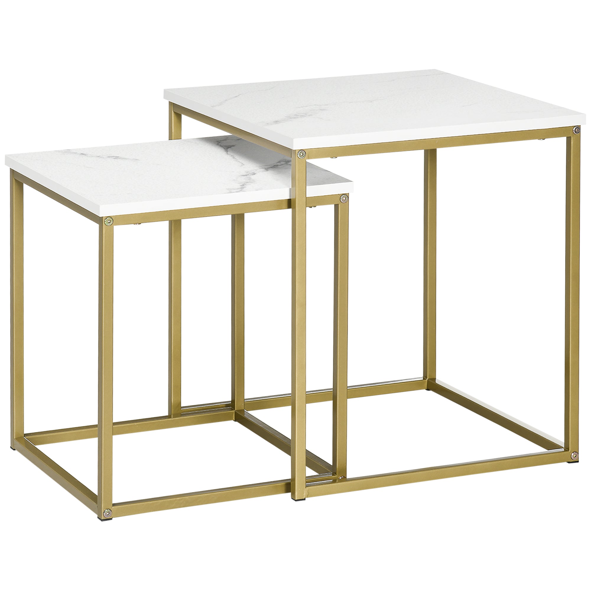 Square Nesting Tables Set of 2, Stacking Coffee Table Set with Faux Marbled Top and Metal Frame, Modern Coffee Table for Living Room, Bedroom, White Coffee Tables White, Gold at Gallery Canada