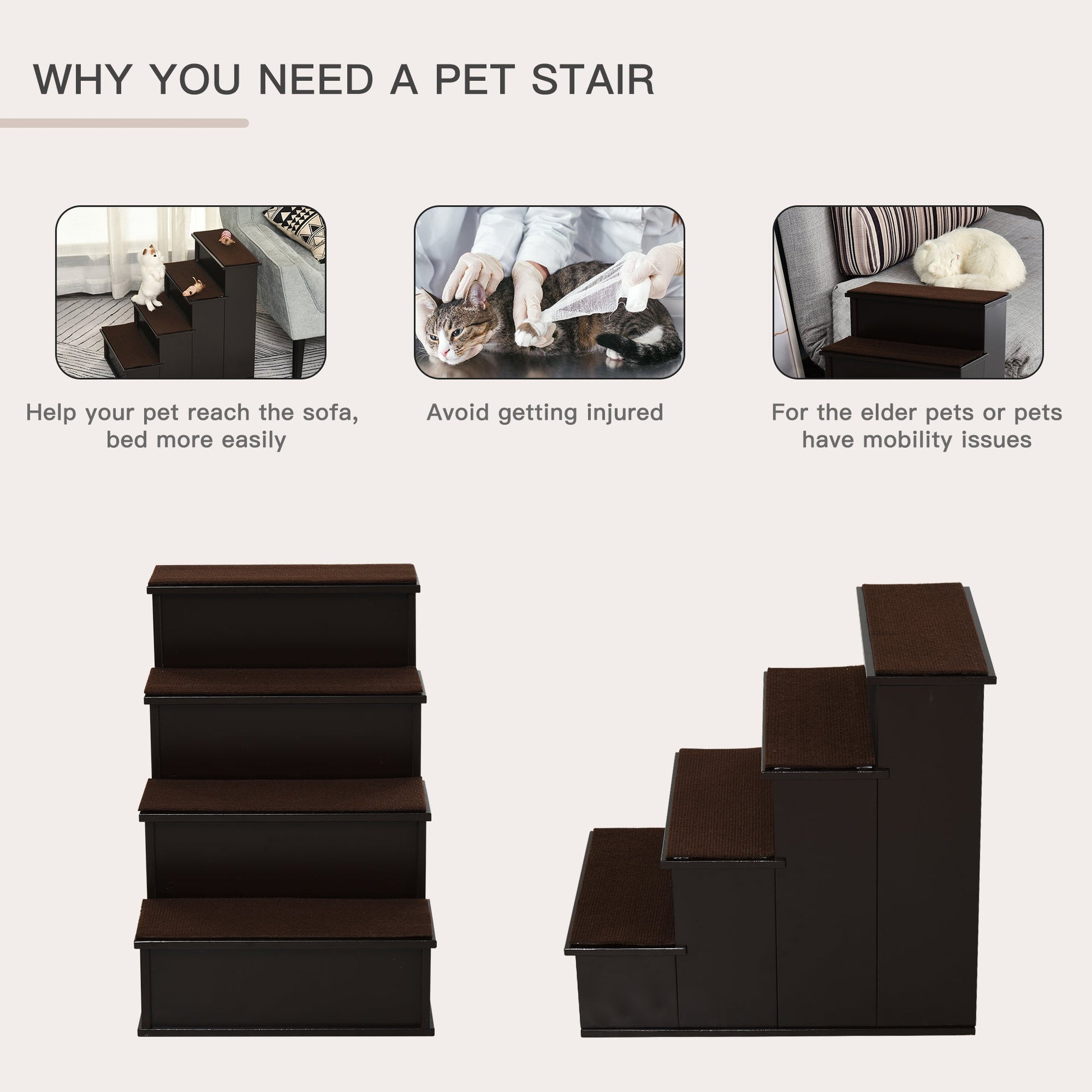 4 Levels Wooden Dog Steps Pet Stairs for High Bed, Cat Ladder for Bed Couch with Non-Slip Carpet, Dark Coffee Dog Stairs   at Gallery Canada