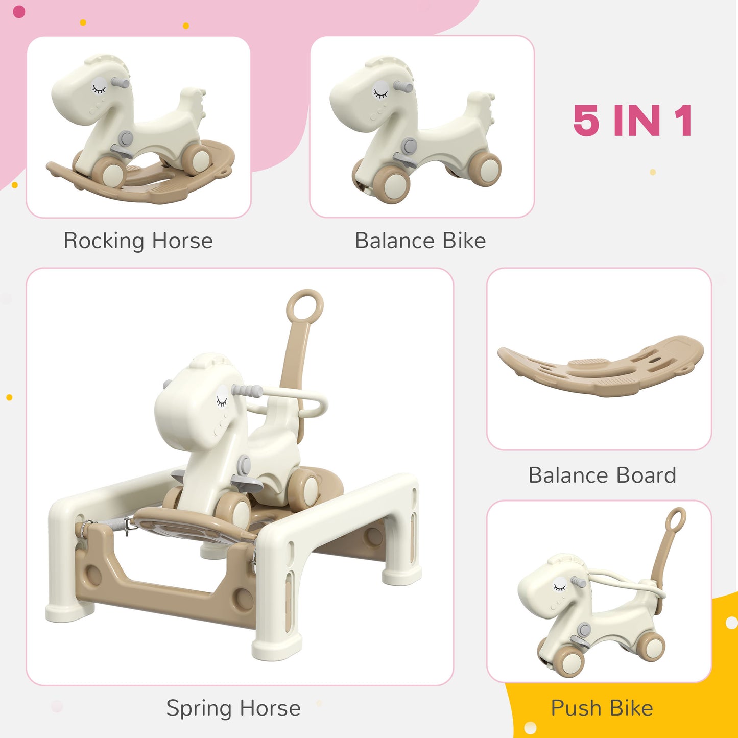 5 in 1 Rocking Horse for Toddlers 1-6 Years with Balance Board, Push Handle, 4 Smooth Wheels Rocking Horses   at Gallery Canada