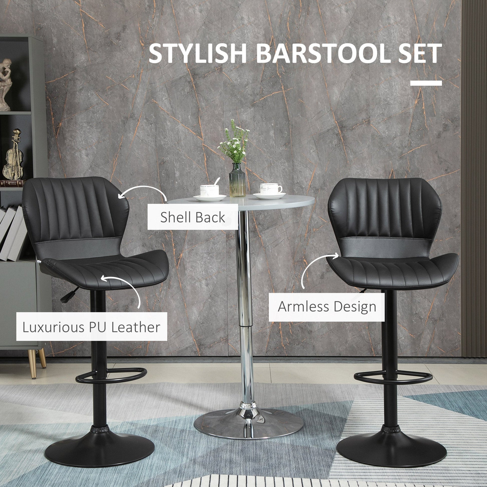 Shell Back Bar Stool Set of 2, PU Leather Adjustable Swivel Barstools with Chrome Base and Footrest for Kitchen Counter, Pub, Black - Gallery Canada