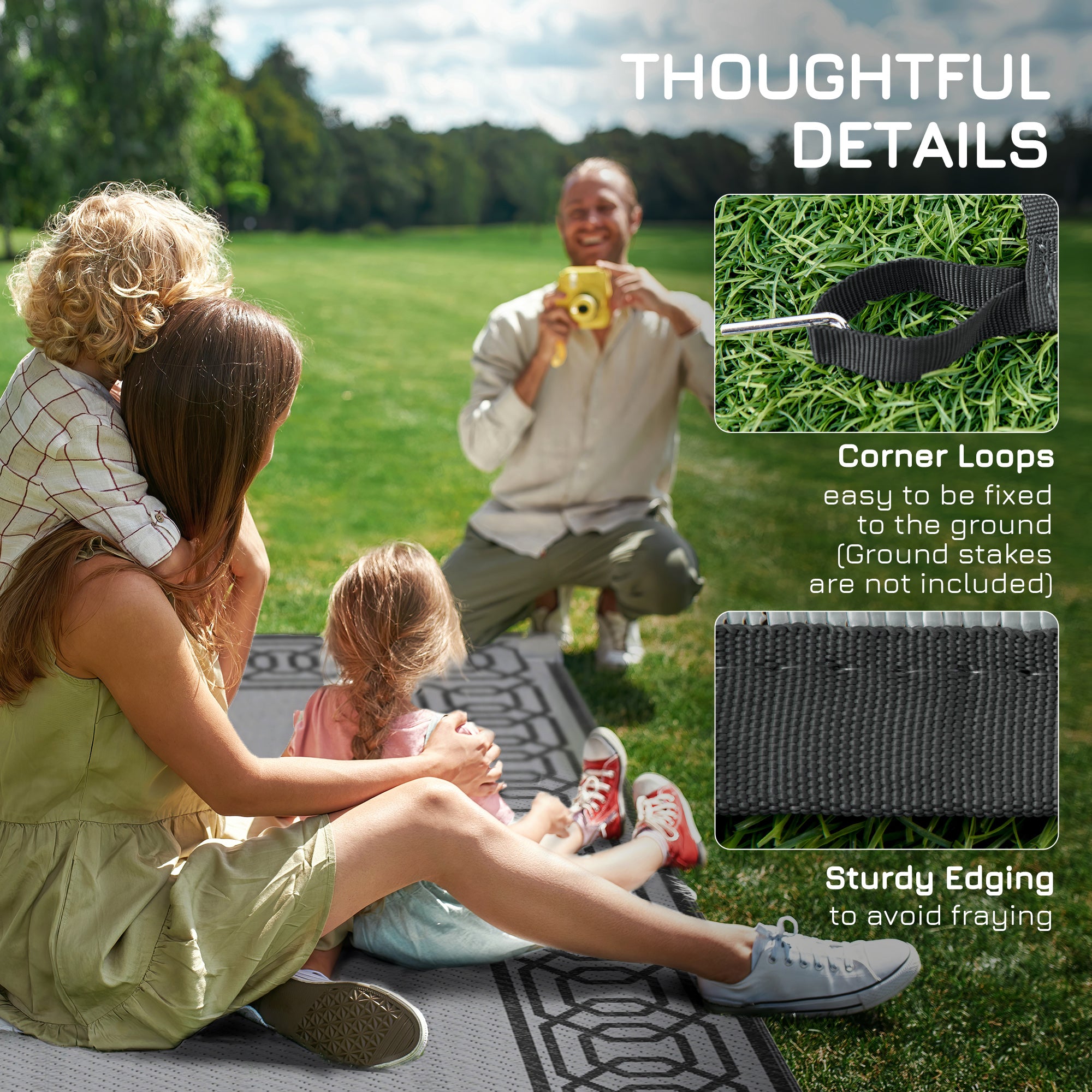 Portable Outdoor Rug with Carrying Bag, 9' x 12' Reversible Mat, Waterproof Plastic Straw RV Rug for Backyard, Deck, Picnic, Beach, Camping, Black and Grey Outdoor Reversible Rugs at Gallery Canada