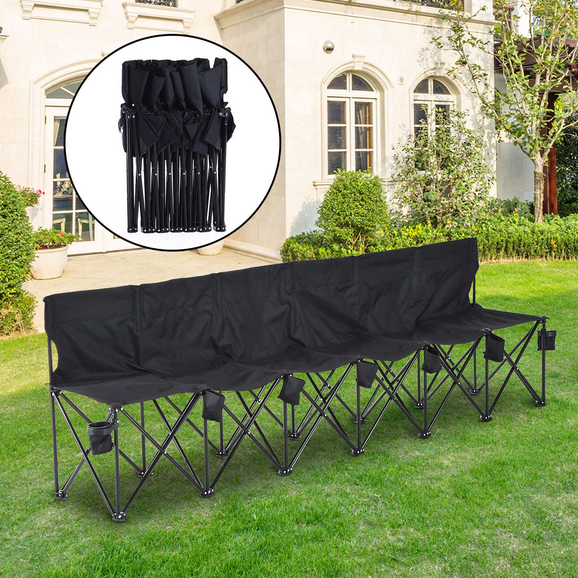6 Seat Folding Camping Chair with Cup Holder and Carrying Case for Camping, Picnic, Sport Events, Black Picnic Tables & Camping Chairs at Gallery Canada
