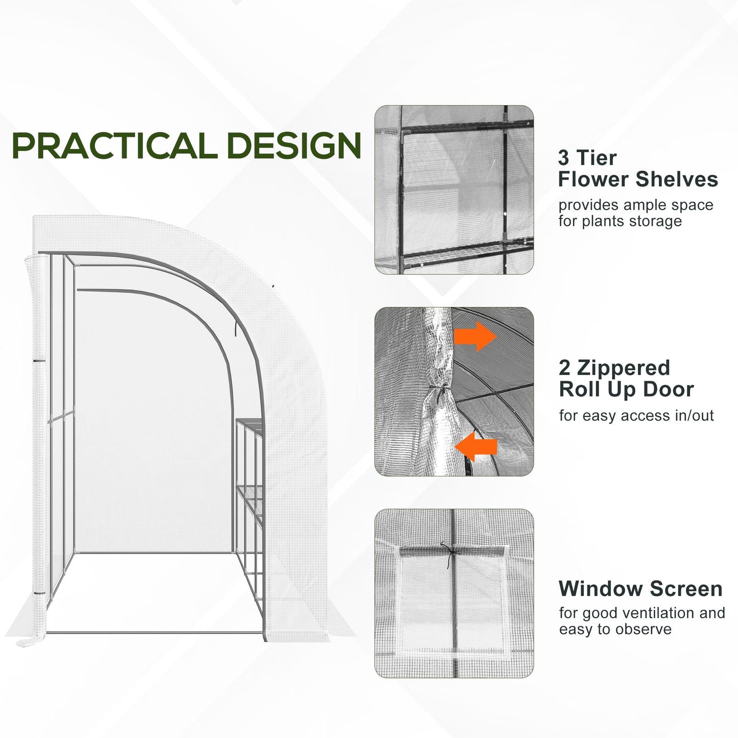 Walk-in Wall Lean-to Greenhouse, 10' x 5' x 7' Outdoor Gardening Green House with PE Cover, Windows, Shelves and 2 Zipper Doors, White Walk In Greenhouses   at Gallery Canada