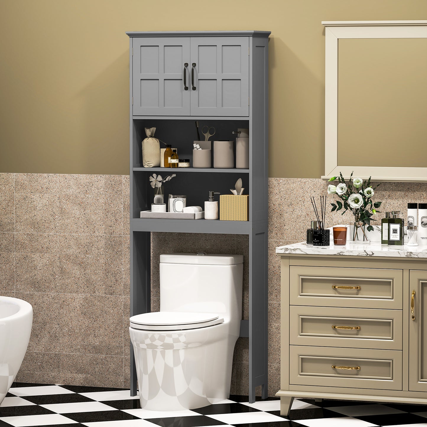 Modern Over The Toilet Storage, Bathroom Cabinets Over Toilet with Open Shelves and Double Door Cabinet, Grey Bathroom Cabinets   at Gallery Canada