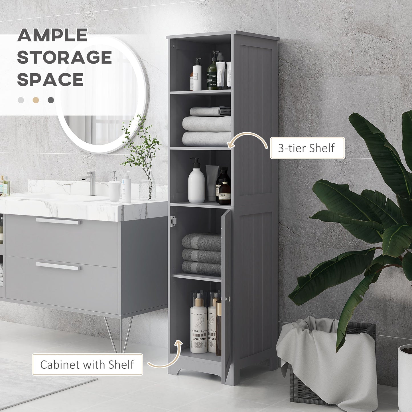 Tall Bathroom Storage Cabinet, Freestanding Tower Cabinet with Adjustable Shelf, 3 Open Shelves, Grey Bathroom Cabinets   at Gallery Canada