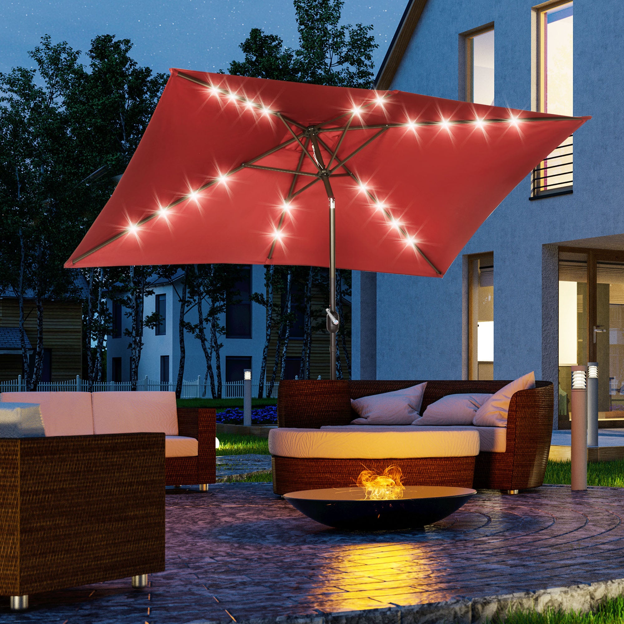 6.5x10ft Patio Umbrella Rectangle Solar Powered Tilt Aluminum Outdoor Market Parasol with LEDs Crank (Wine Red) Sun Umbrellas at Gallery Canada
