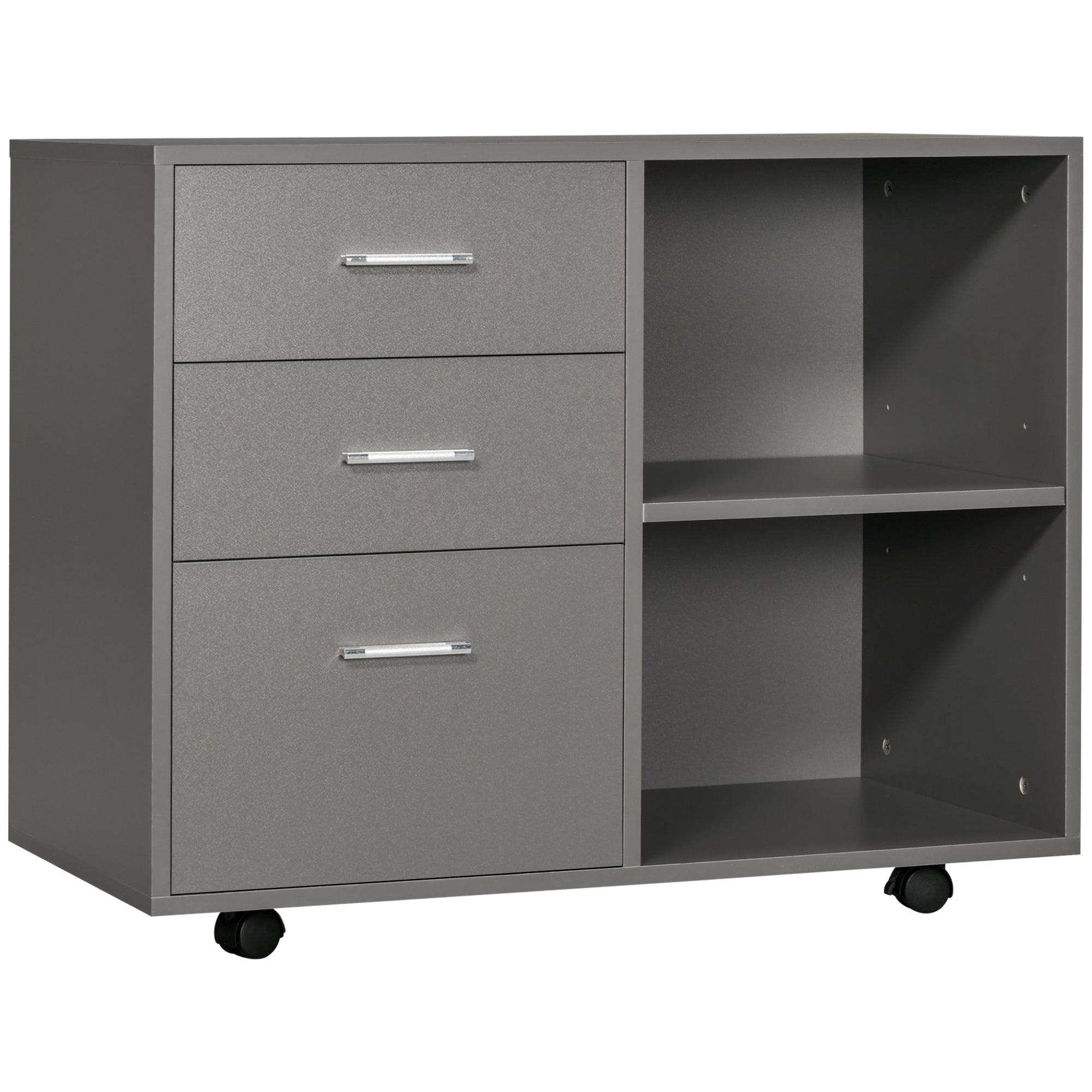 Modern Lateral Filing Cabinet, 3 Drawer File Cabinet for Letter and A4 Size Documents, Mobile, Printer Stand with Open Shelves, Rolling Wheels, Grey Office Cabinets & Cupboards at Gallery Canada
