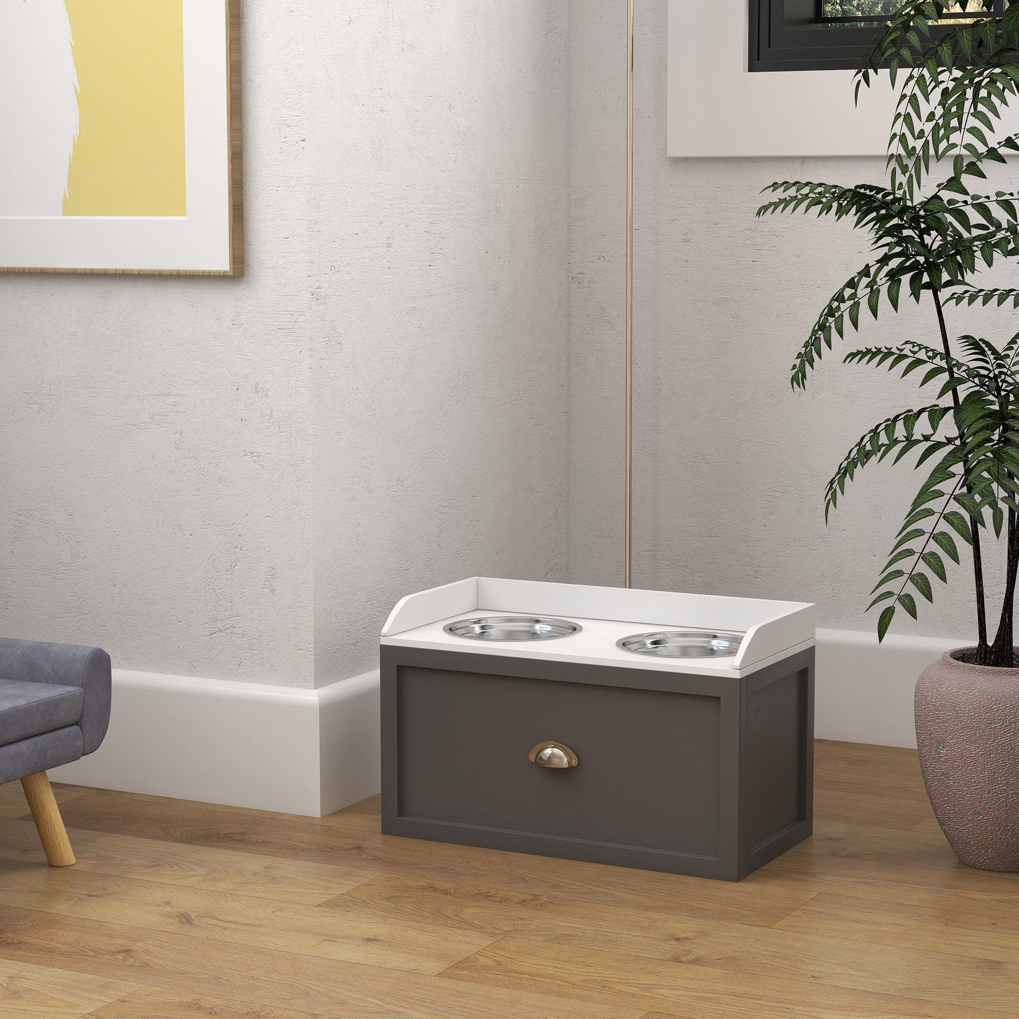 Large Elevated Dog Bowls with Storage Drawer, Raised Pet Feeding Station with 2 Stainless Steel Bowls, Grey Dog Bowls at Gallery Canada