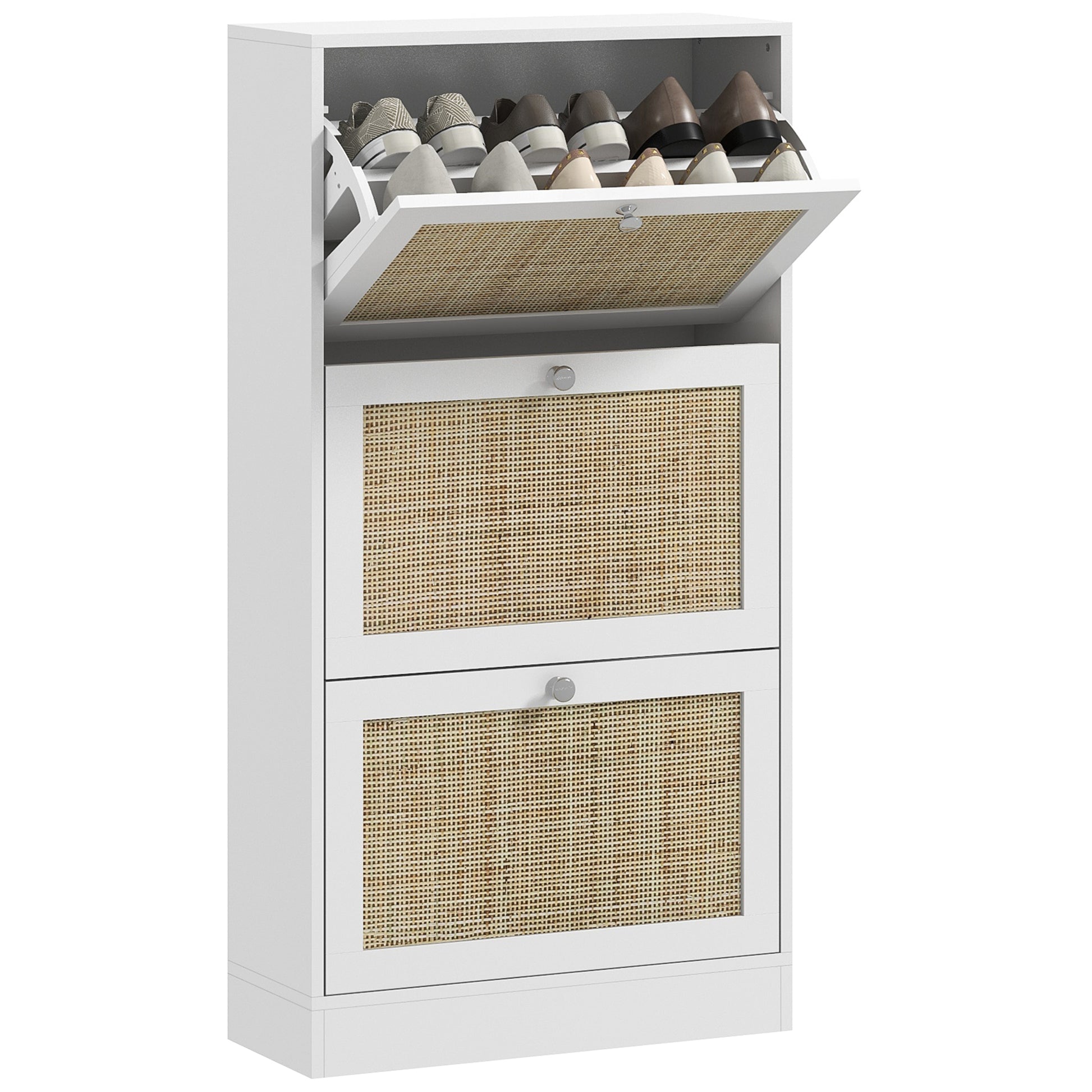 Rattan Shoe Storage Cabinet with 3 Flip Drawers and Adjustable Shelves, Entryway Shoe Cabinet for 18 Pairs, White Shoe Storage Cabinets & Racks   at Gallery Canada