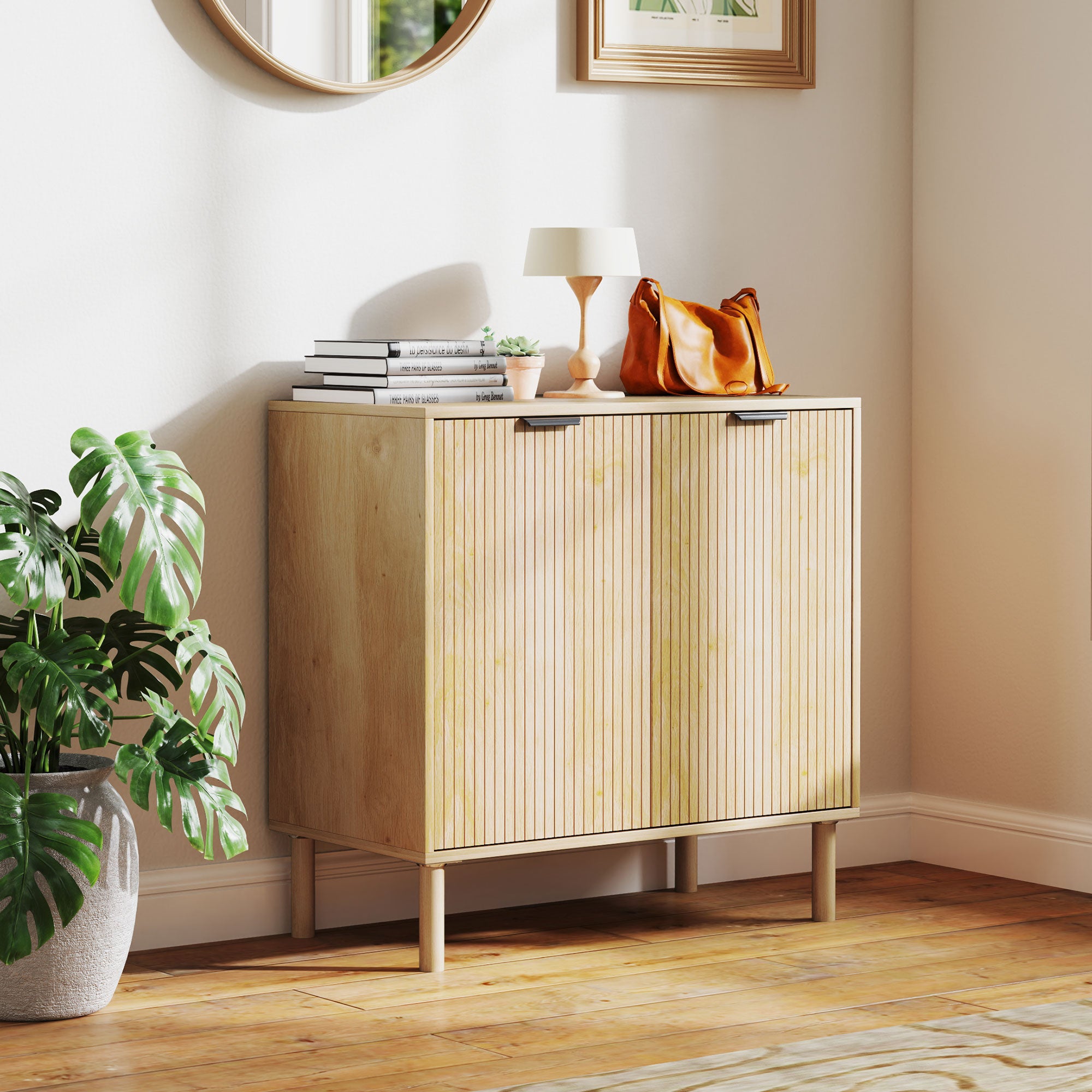 Accent Cabinet with Doors &; Adjustable Shelf, Freestanding Storage Cabinet with Wood Legs for Living Room, Oak Storage Cabinets at Gallery Canada